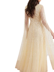 Moonlight sequin v-neck cape sleeve ankle gown