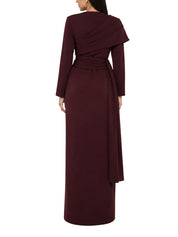 Long sleeves dress strait cut with pleated rap around shoulder short rap