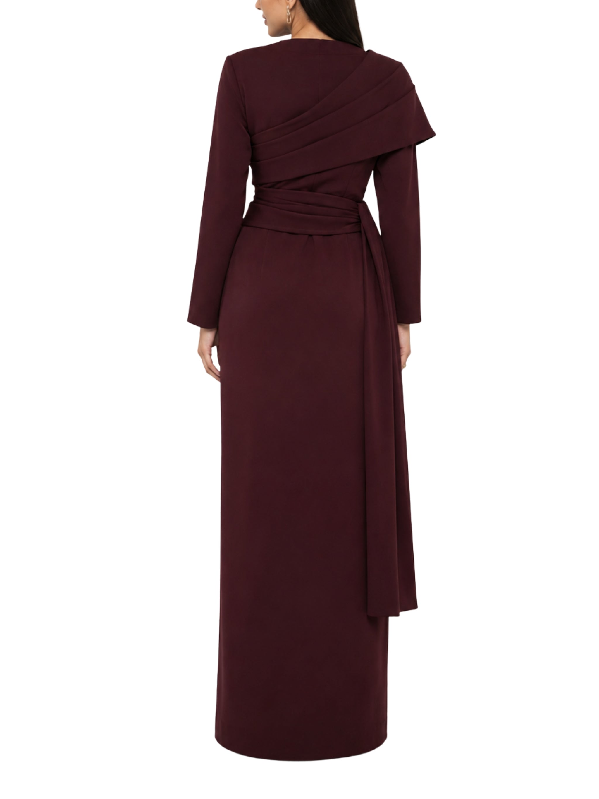Long sleeves dress strait cut with pleated rap around shoulder short rap