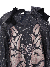 Savi double layer tulle gathered-sleeve blouse with neckline 3d detail and lame embroidery applique