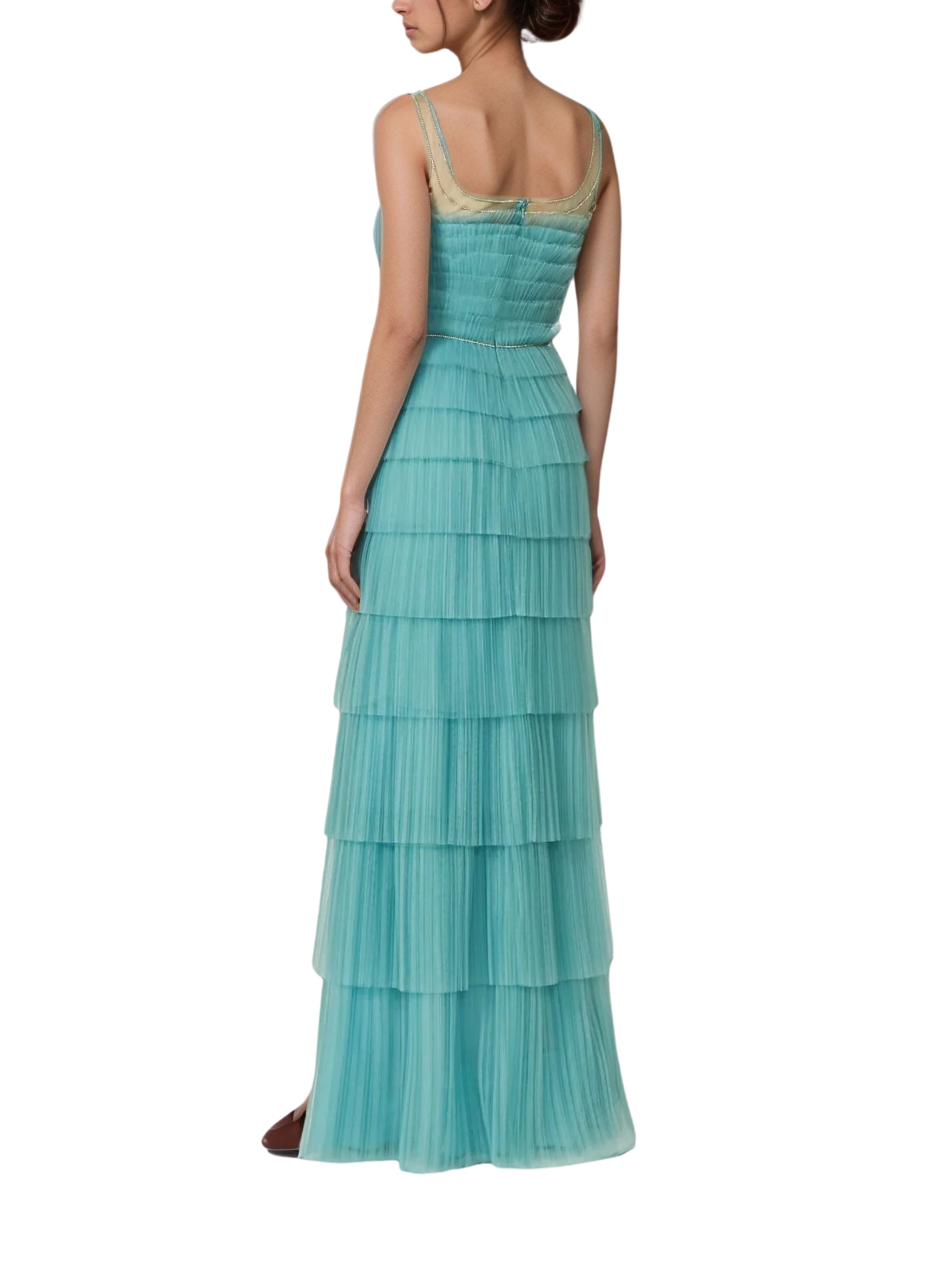 ARIN PLISSE FRENCH TULLE & CHANTILLY LACE TIERED DRESS WITH ILLUSION-NECKLINE