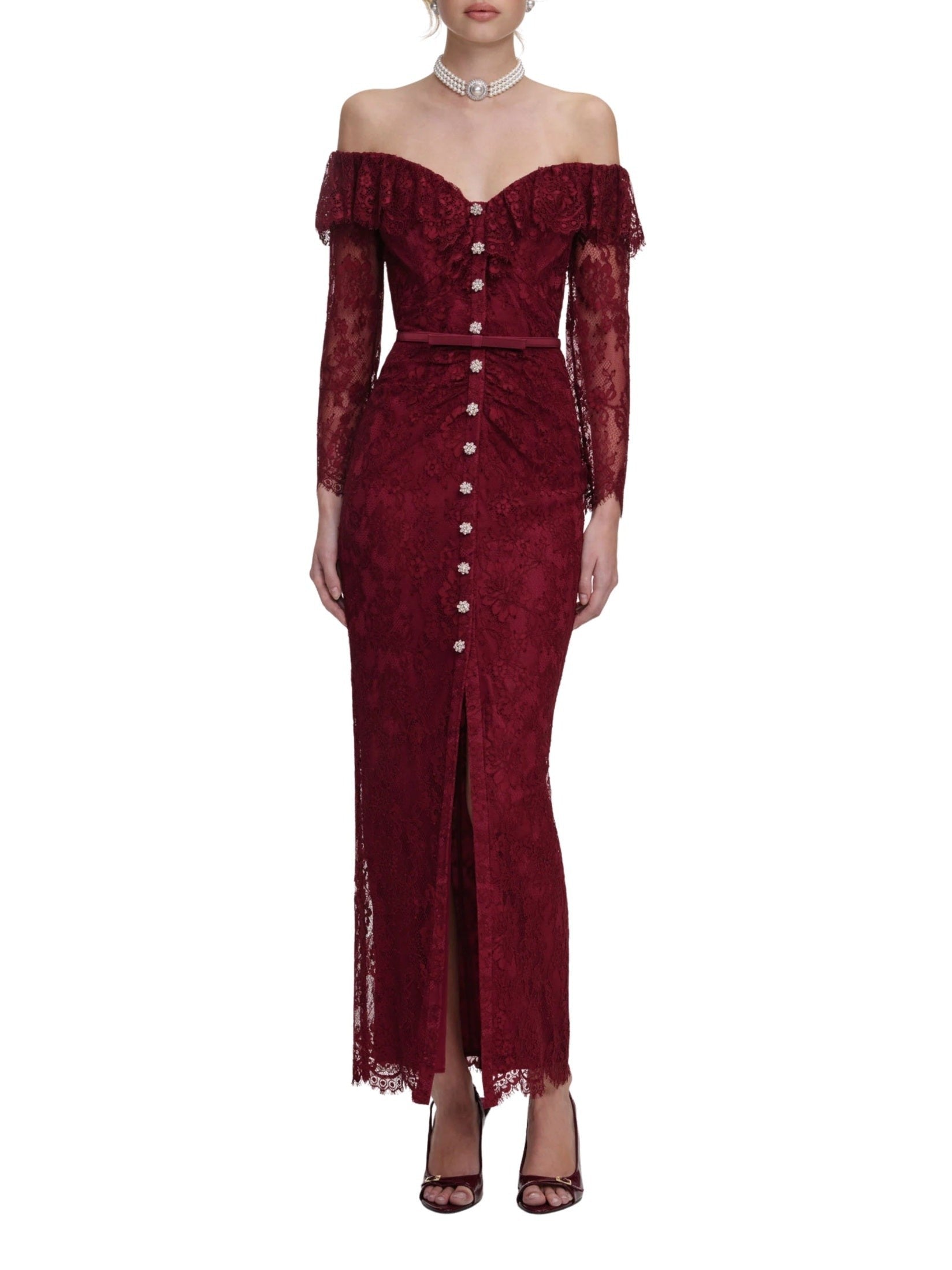 Burgundy off-shoulder gathered lace maxi dress
