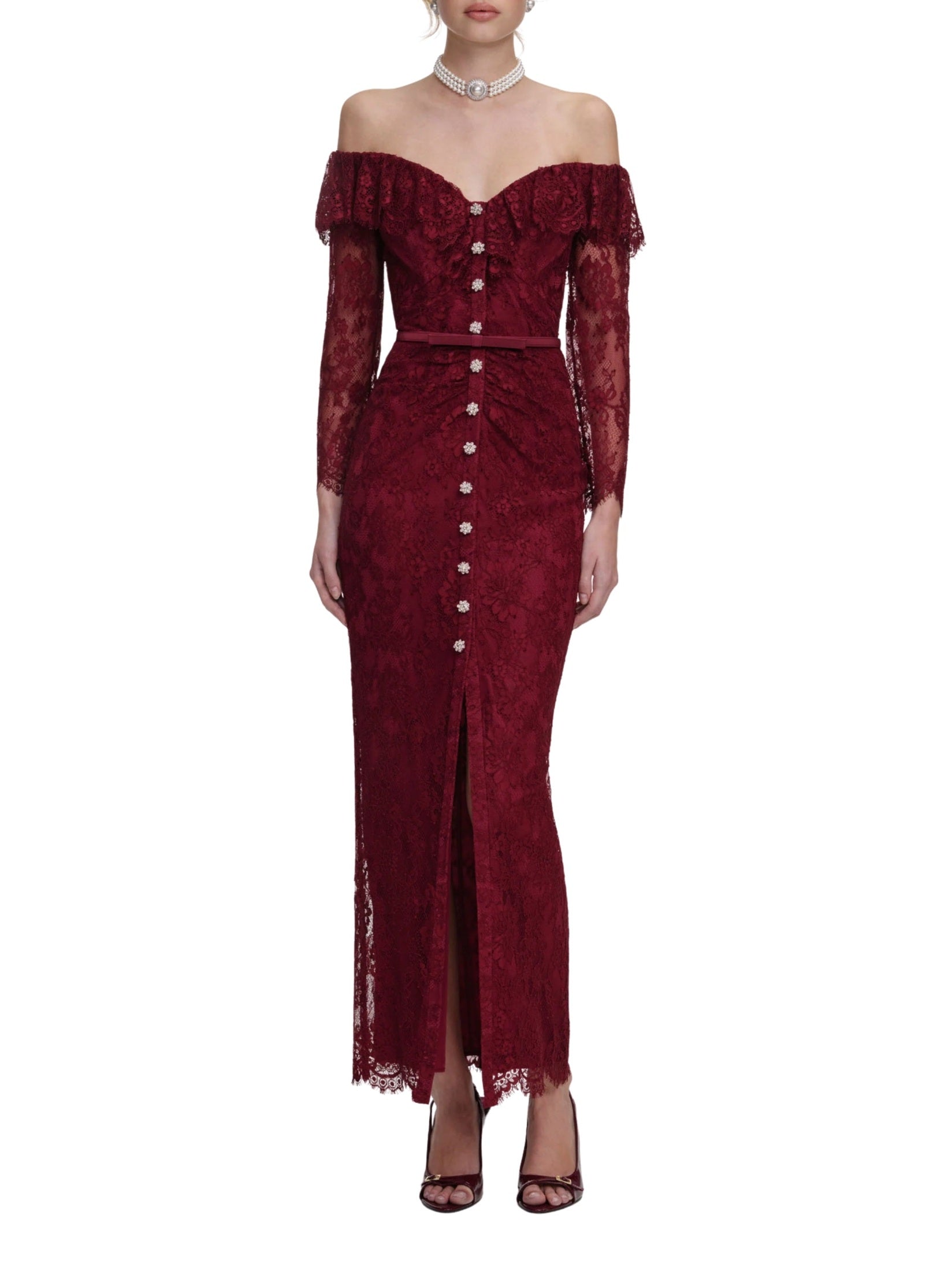 Burgundy off-shoulder gathered lace maxi dress