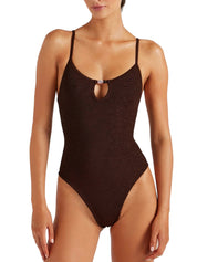 Mia beaded swim - m metallic crinkle metallic chocolate