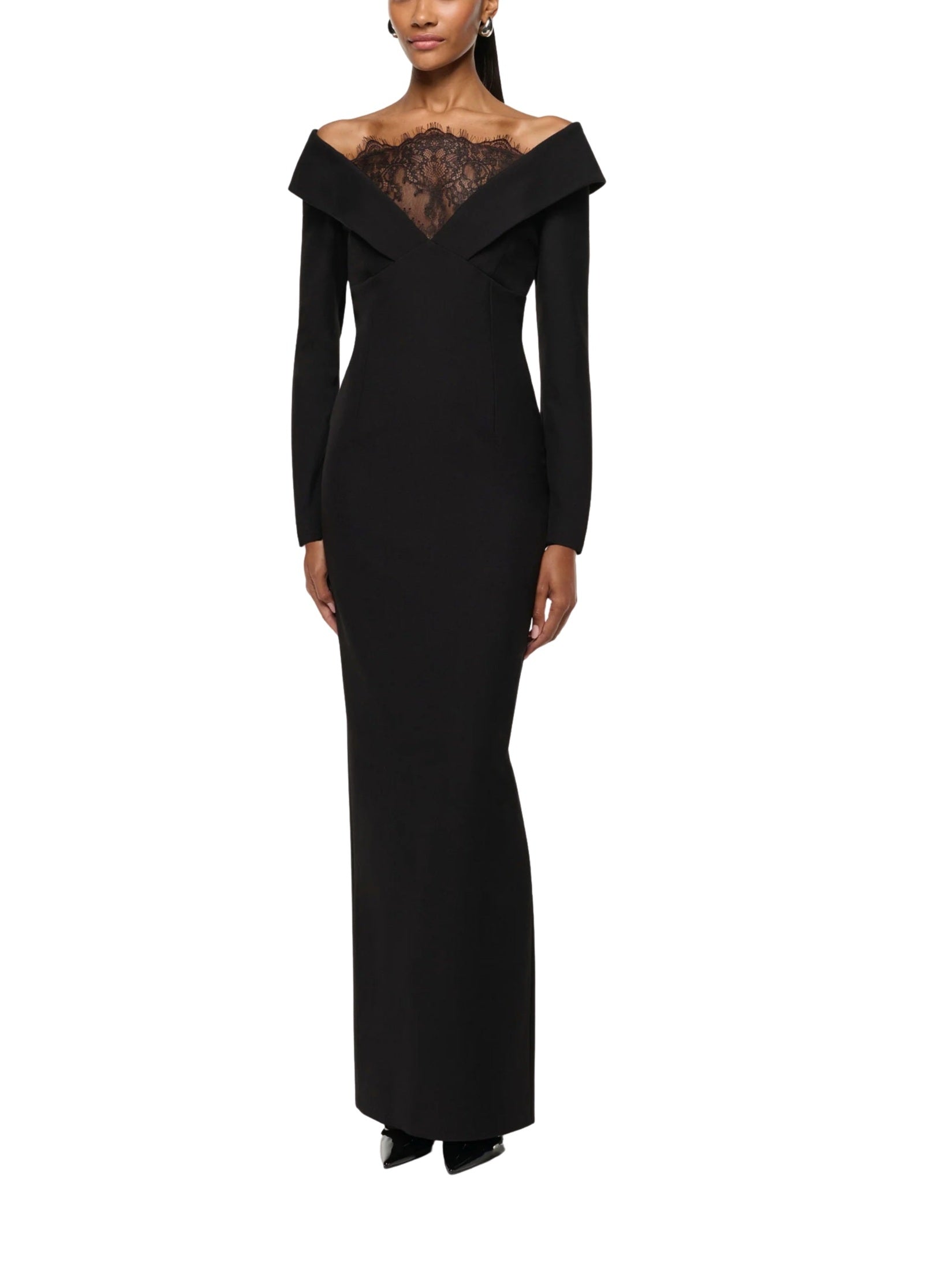 Lace insert crepe column gown