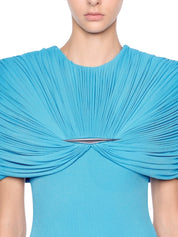Off-shoulder long dress featuring symmetrical draping at the chest and hips highlighted by a premium metal accessory detail
