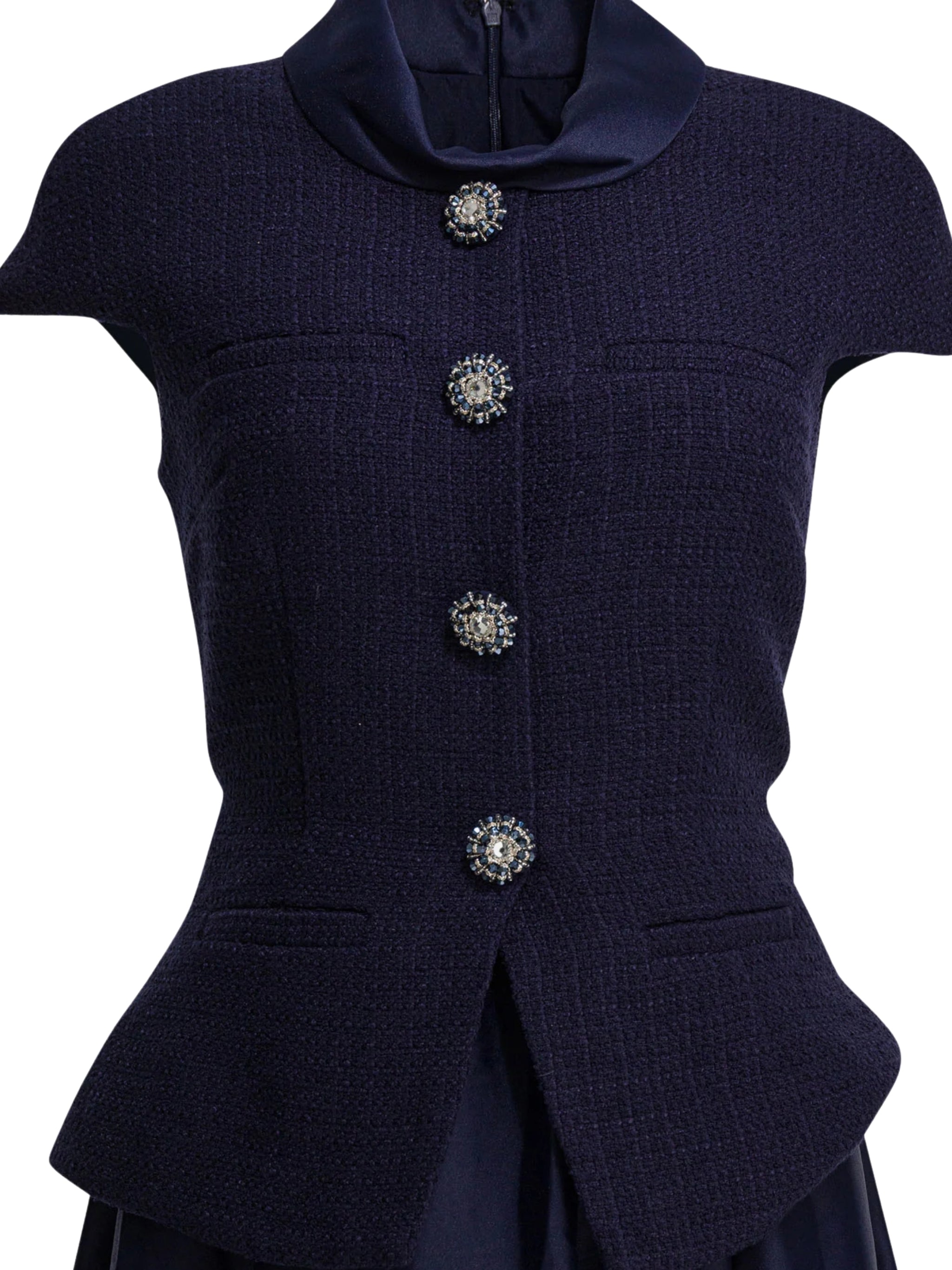 NAVY BOUCLÉ TAFFETA MIDI DRESS