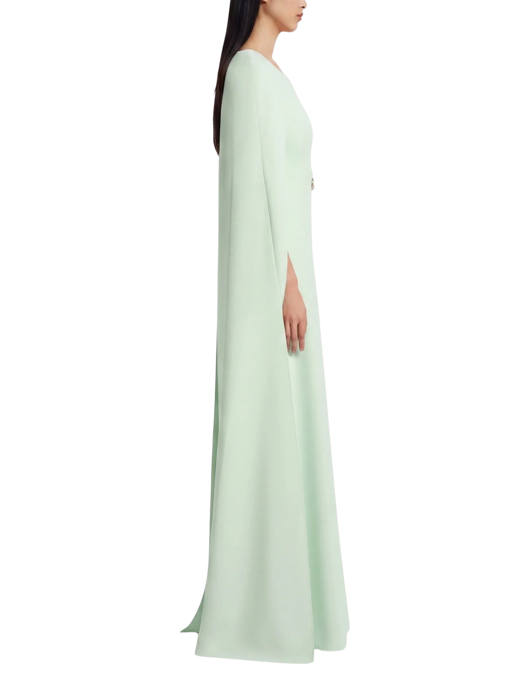 Full-length fitted cape gown with an a-line skirt