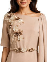 Pink Embroidered Flower & Feather One-Shoulder Dress