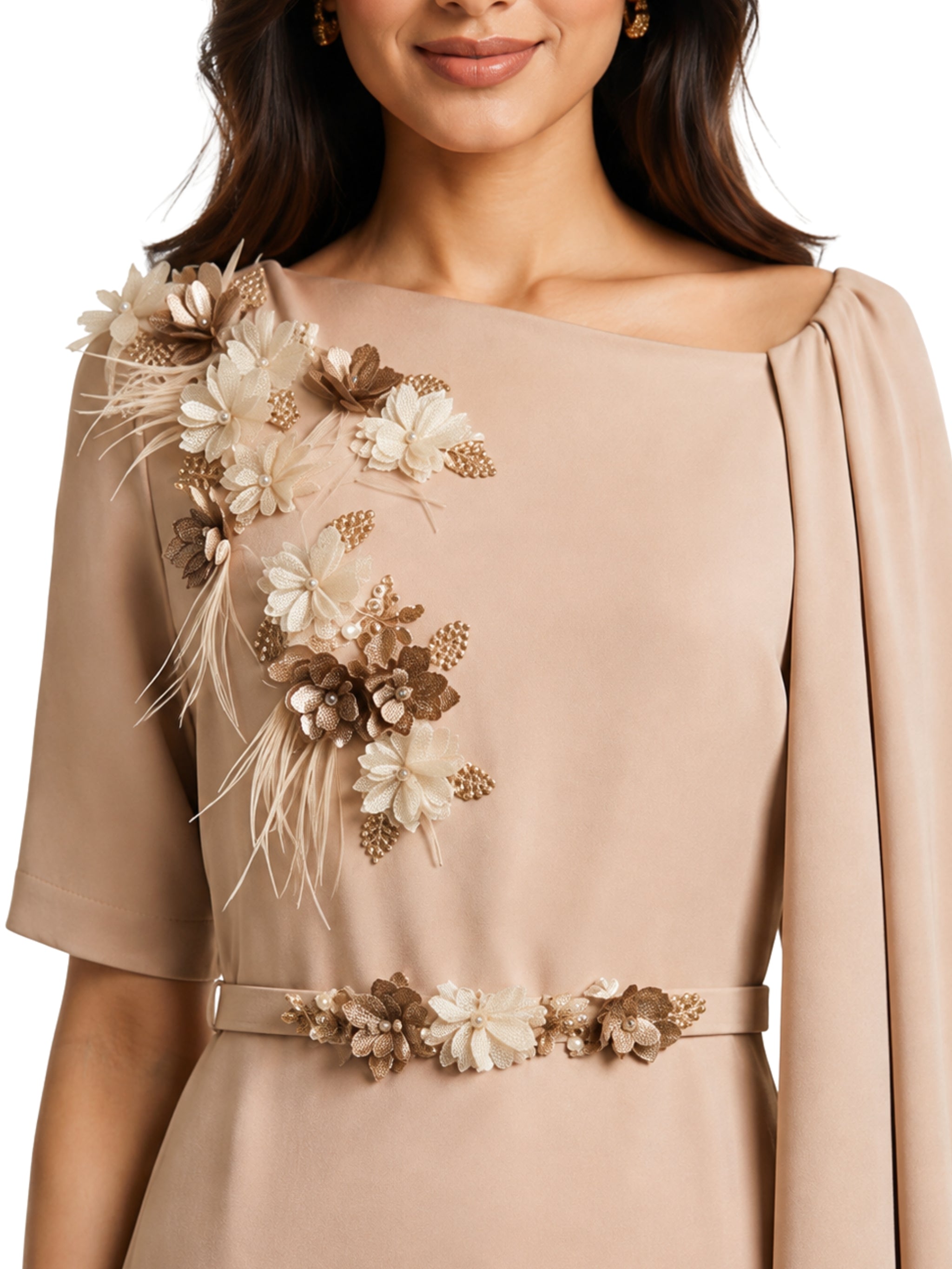 Pink Embroidered Flower & Feather One-Shoulder Dress