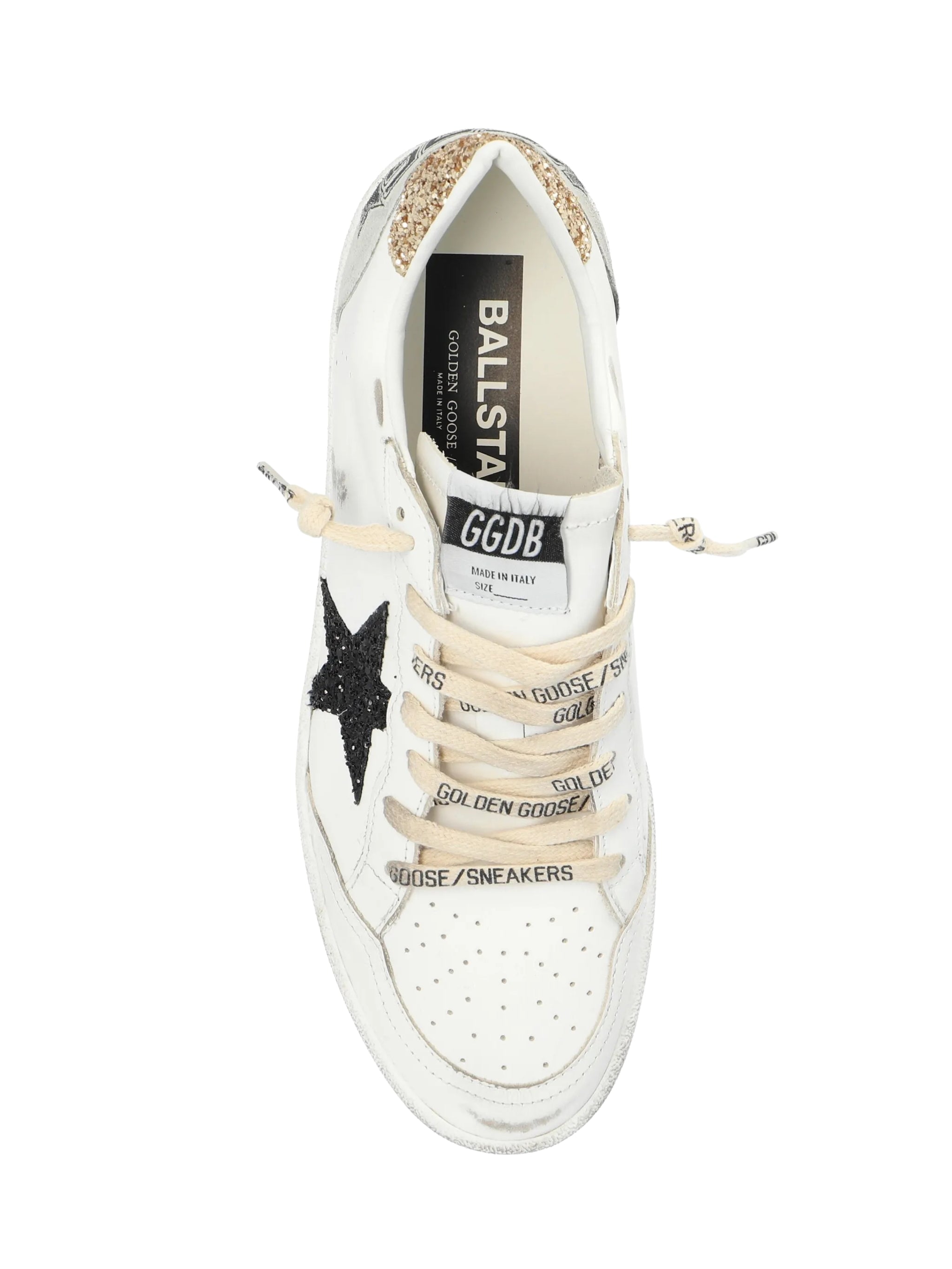Ballstar leather upper and toe glitter star and heel suede spur