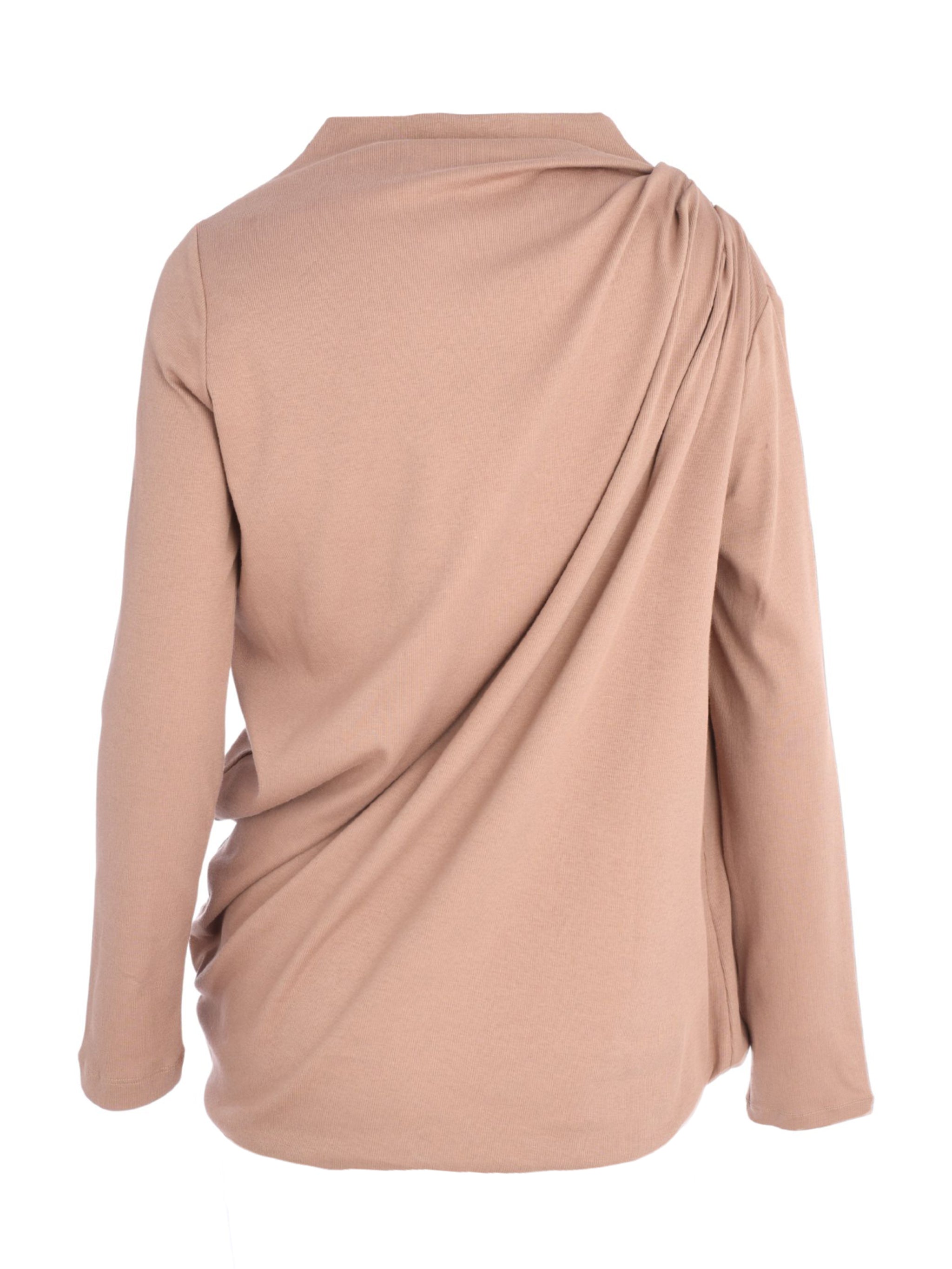 RIBBED COTTON LONG SLEEVE DRAPED T-SHIRT WITH PIERCING DETAI