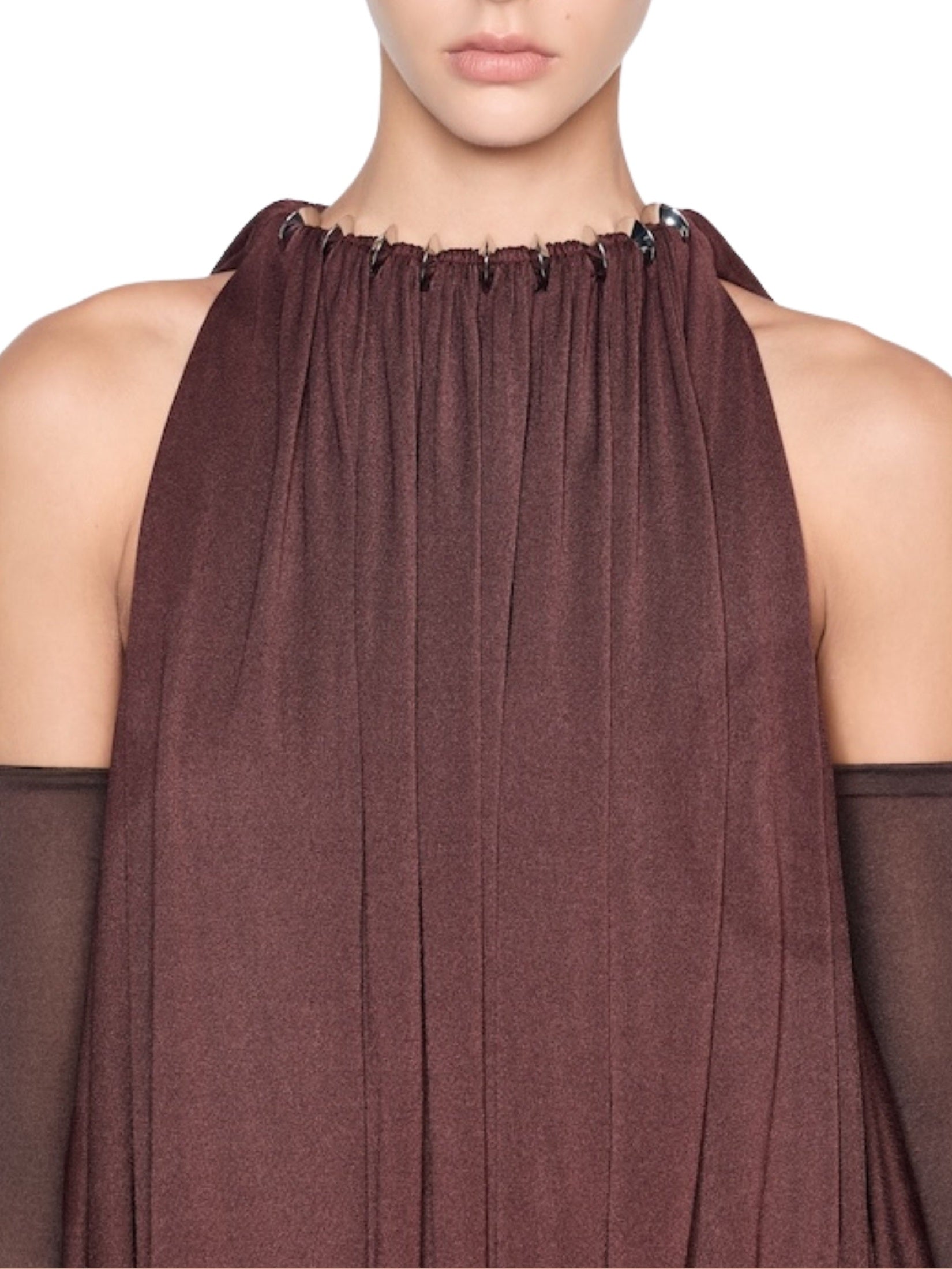 Long voluminous dress featuring a two-layer draped bodice accented with premium metal hardware details