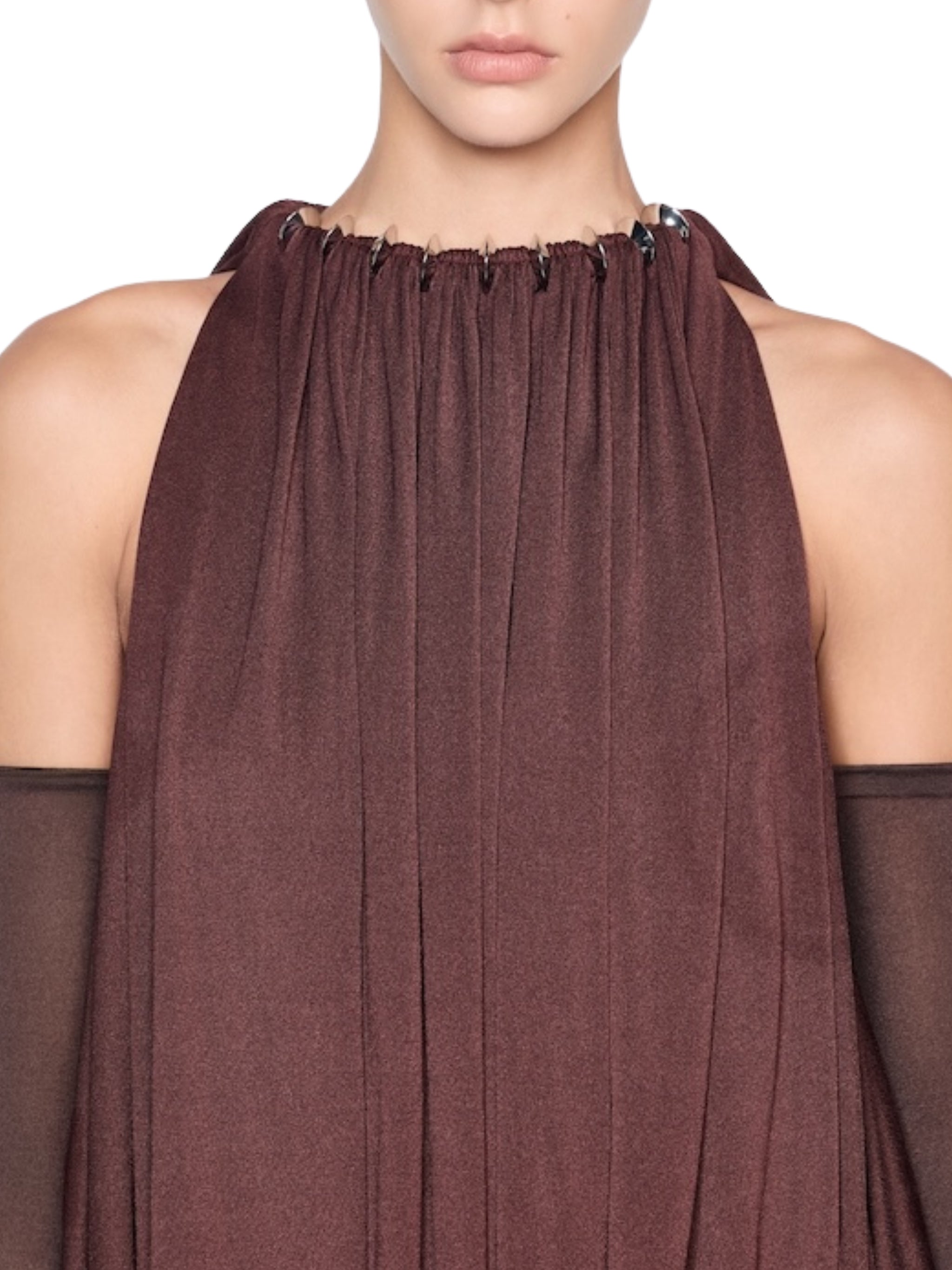 Long voluminous dress featuring a two-layer draped bodice accented with premium metal hardware details
