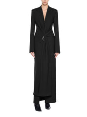 Fitted suit coat featuring front draping accentuated by a premium metal accessory detail