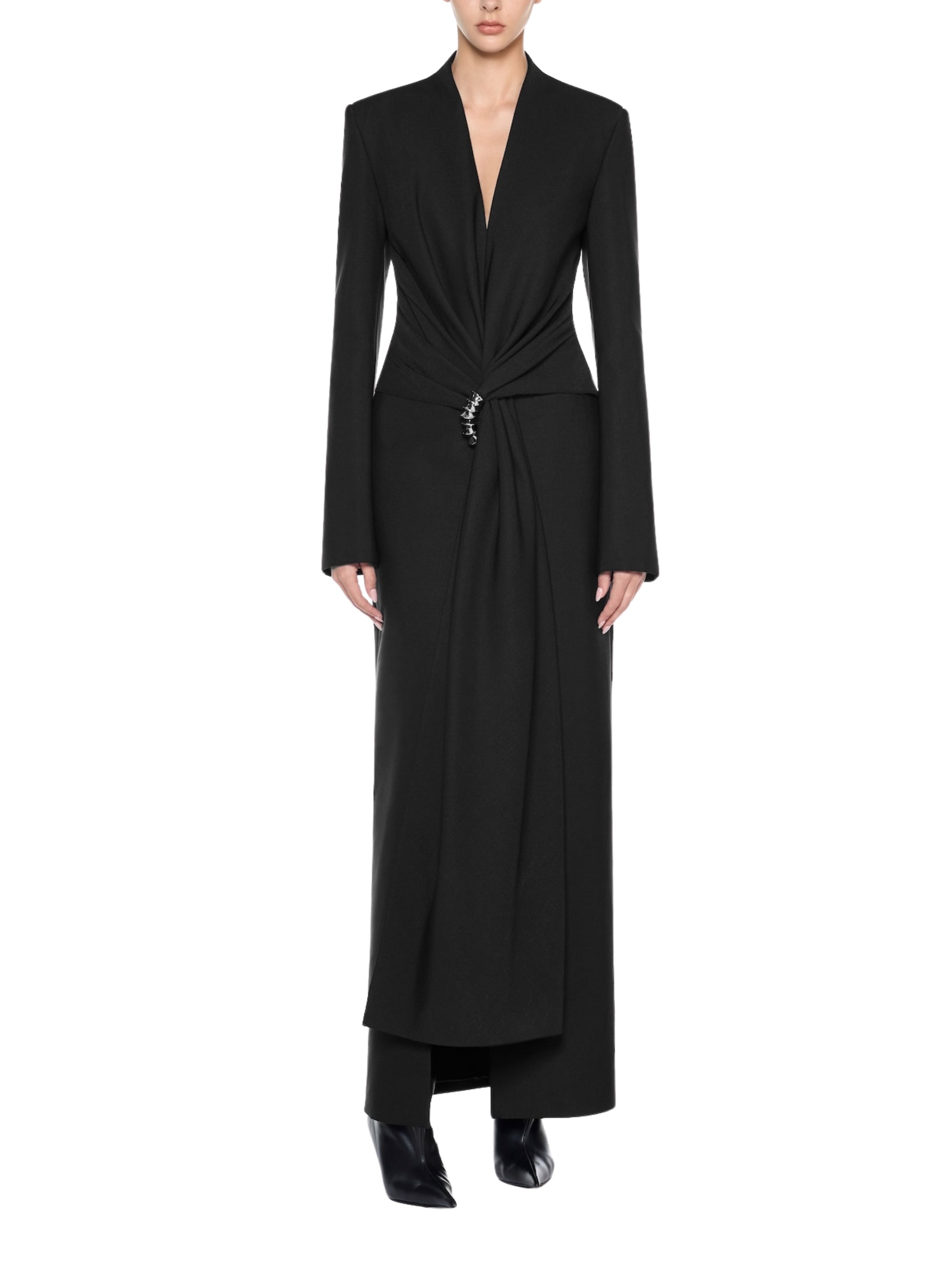 Fitted suit coat featuring front draping accentuated by a premium metal accessory detail