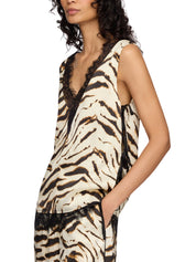 Printed stretch satin v-neck lace slip top
