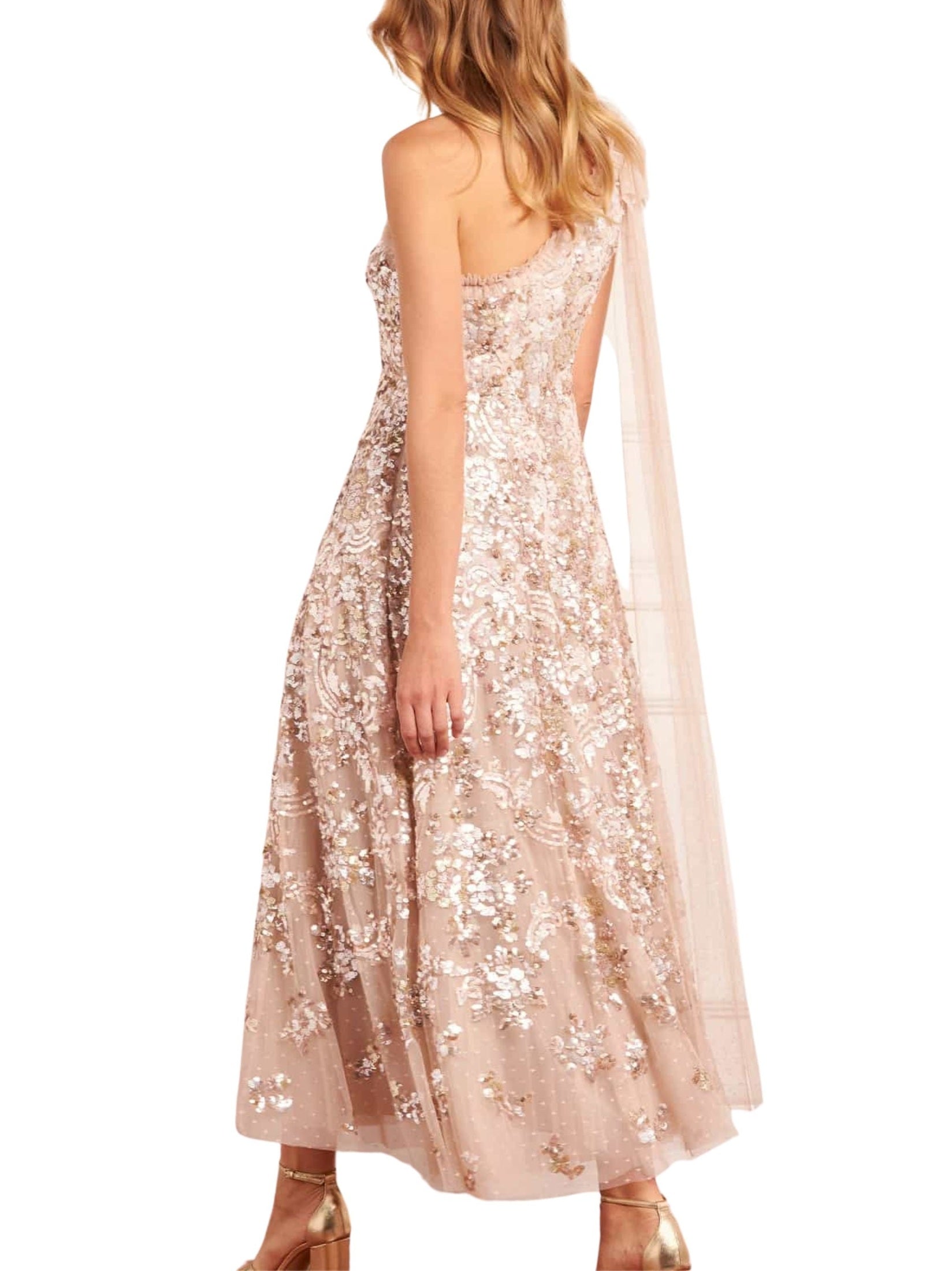 Baroque floral one-shoulder bow ankle gown