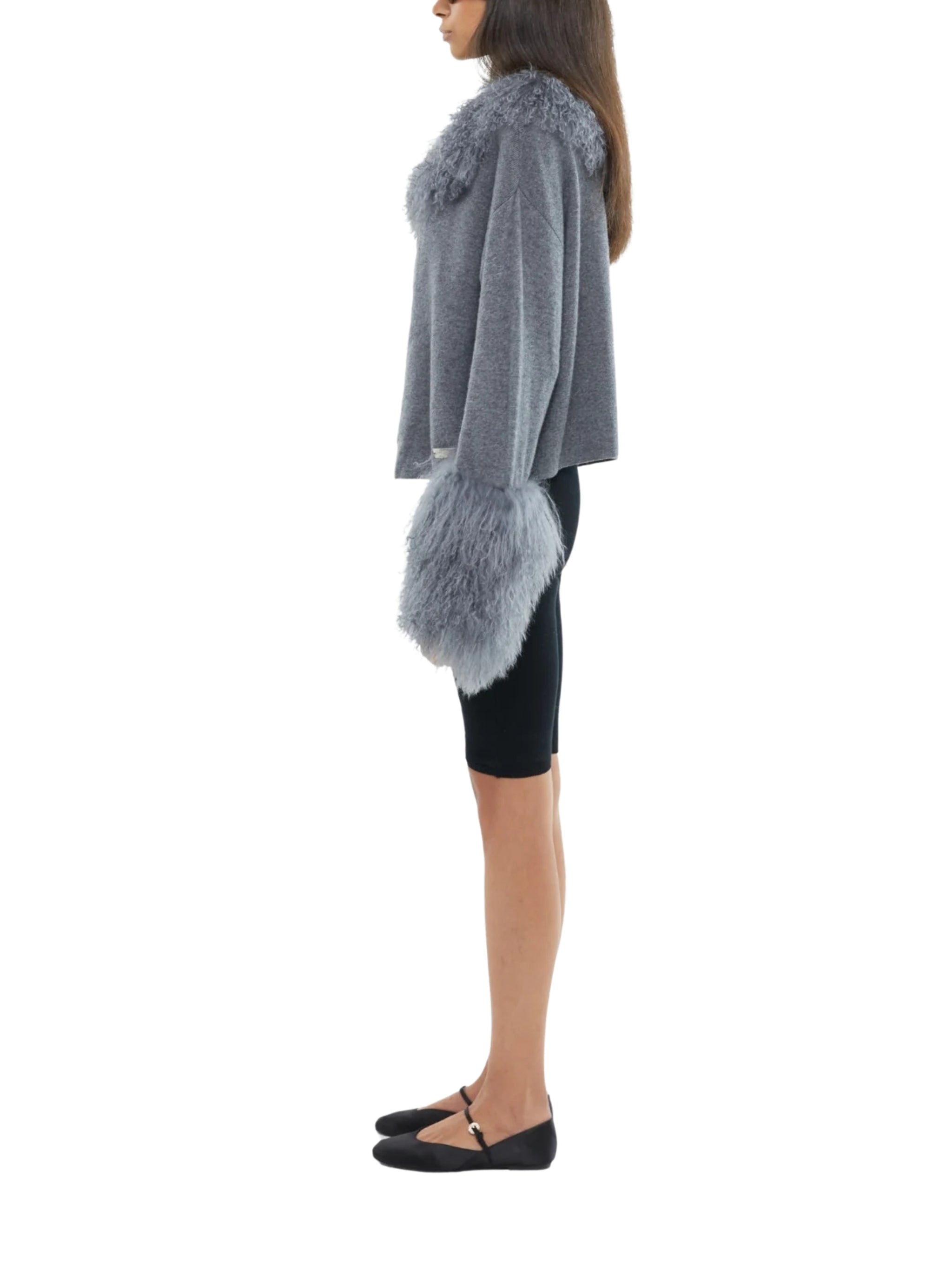 THE CABLE KNIT JACKET WITH SHEARLING COLLAR & CUFFS IN STORM