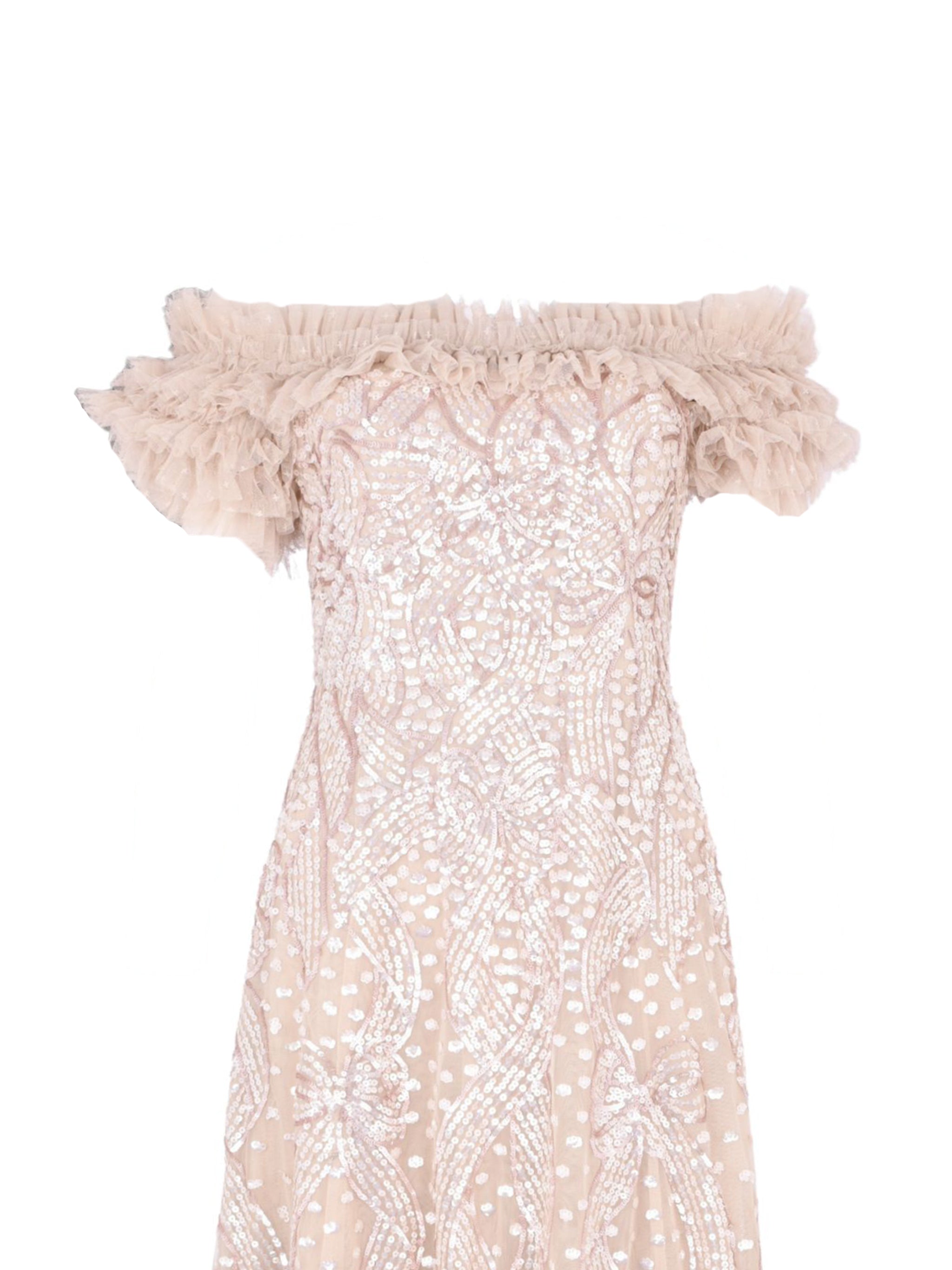 SEQUIN RIBBON OFF-SHOULDER ANKLE GOWN