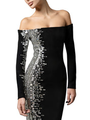 Off-the-shoulder suede gown embroidered with baguette stones