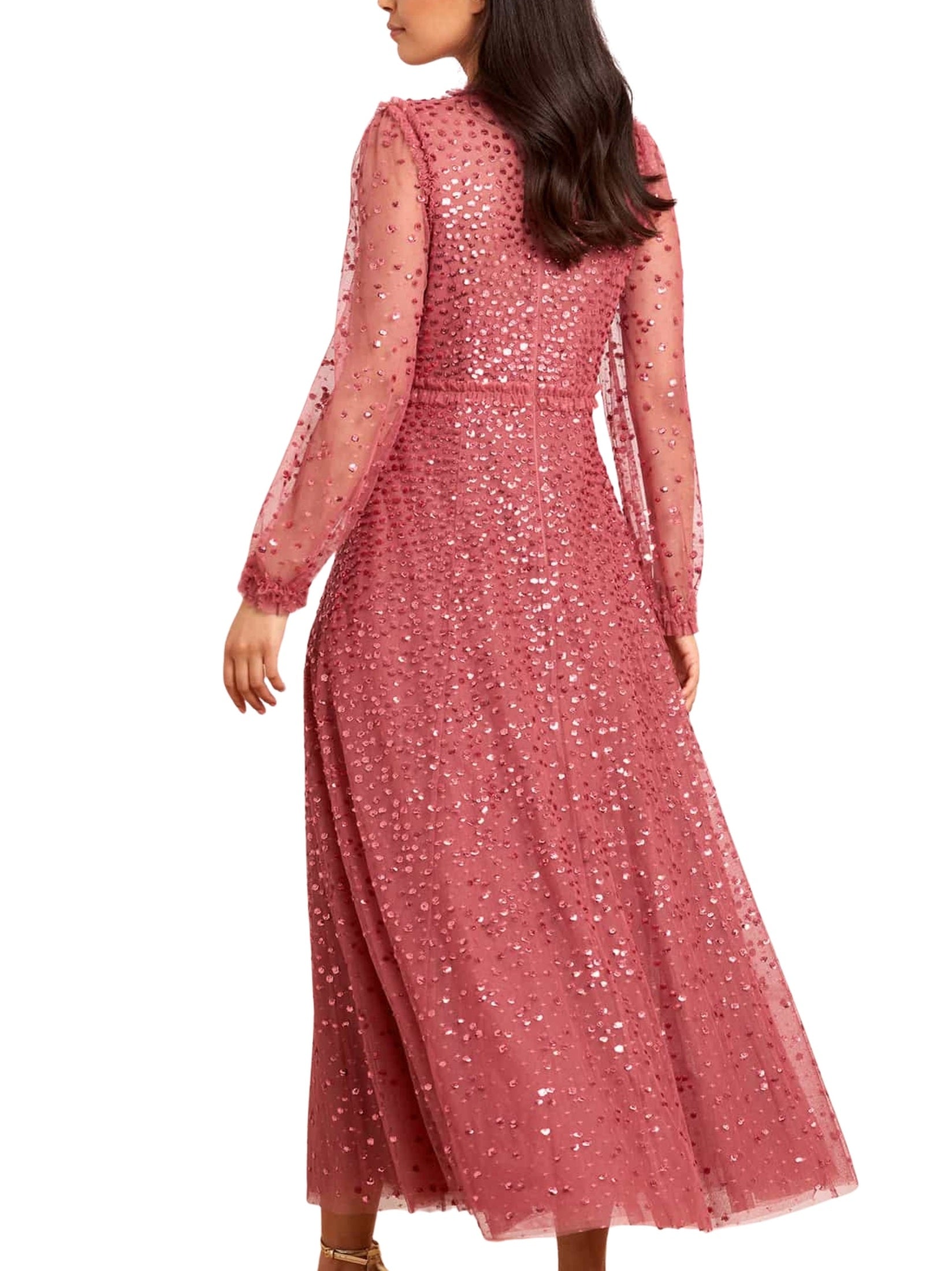 Dappled sequin long sleeve ankle gown