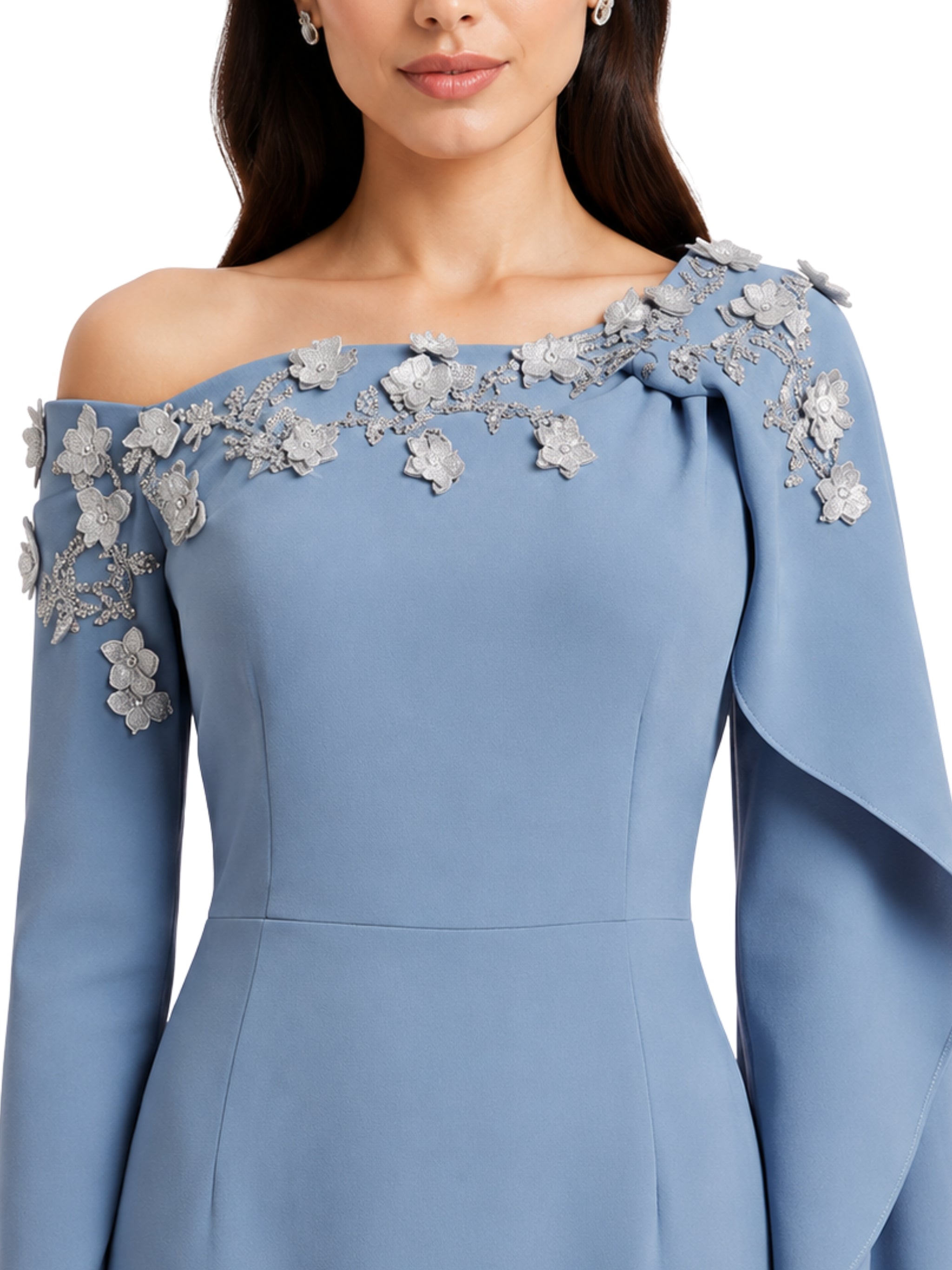 Blue Hand-Embroidered Asymmetric Cape Modest Dress