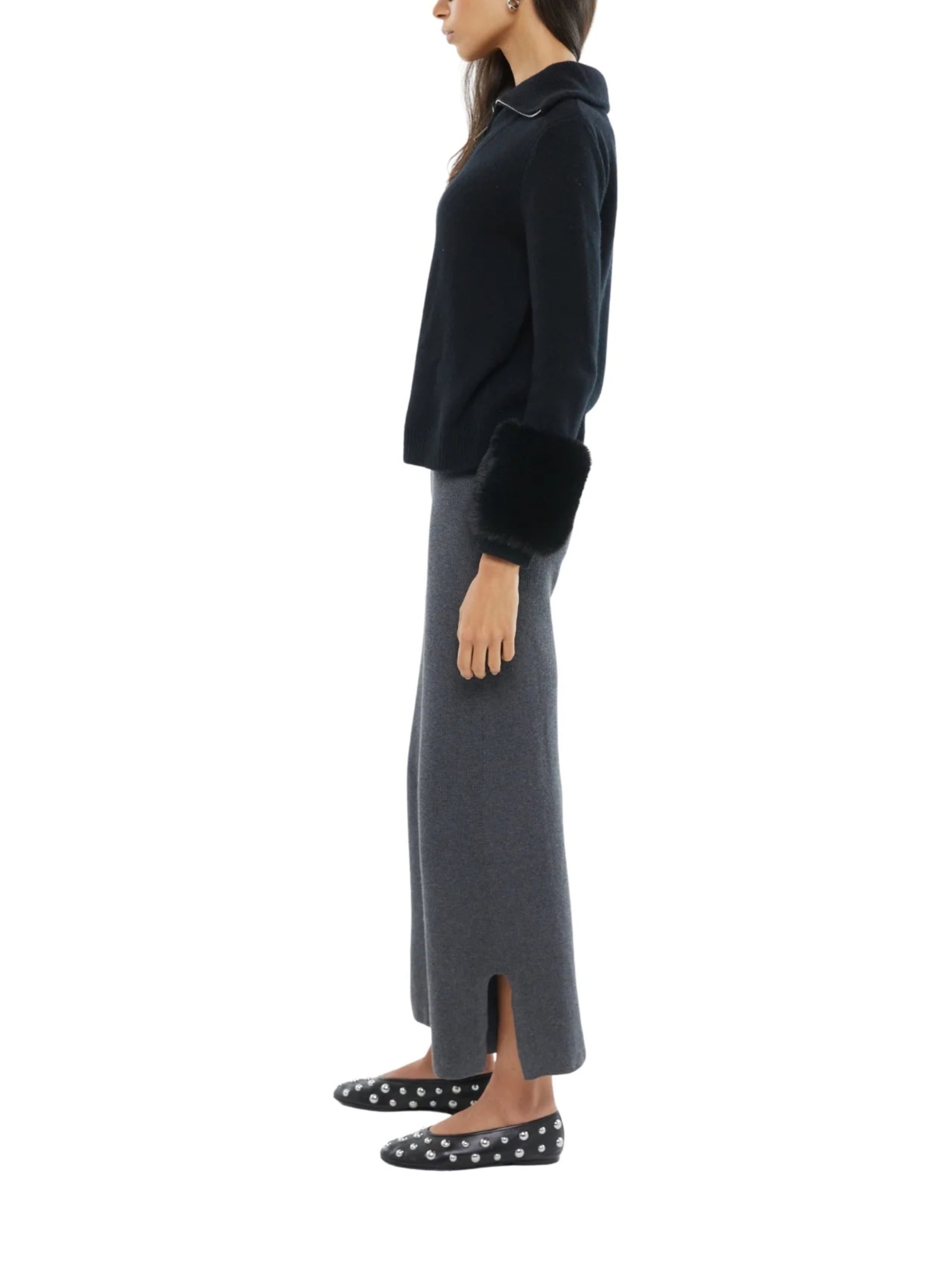 THE ZIP UP FAUX CUFF SWEATER IN BLACK