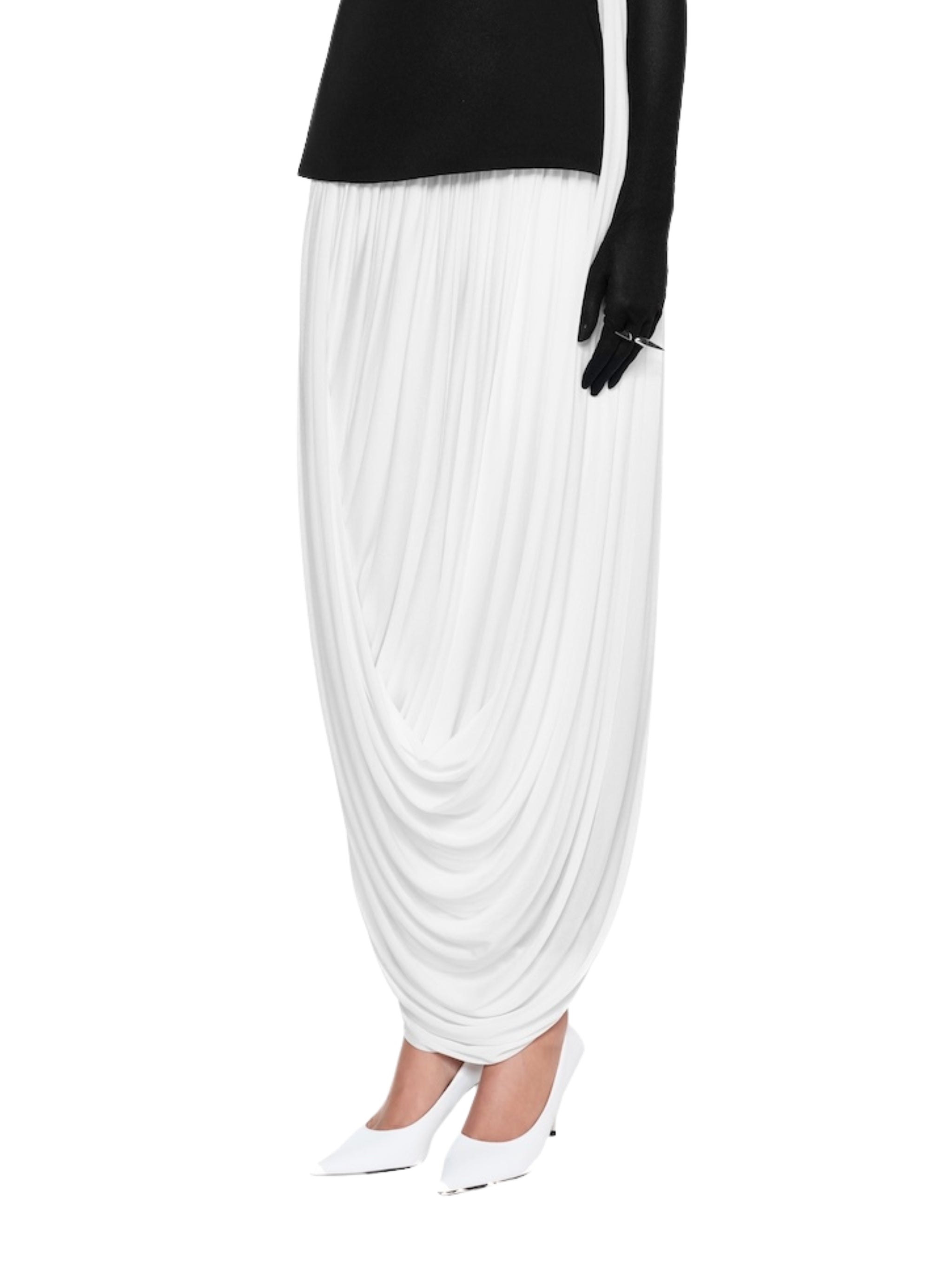 Form-fitting tube dress featuring twisted draping at the waist connecting the front and back panels
