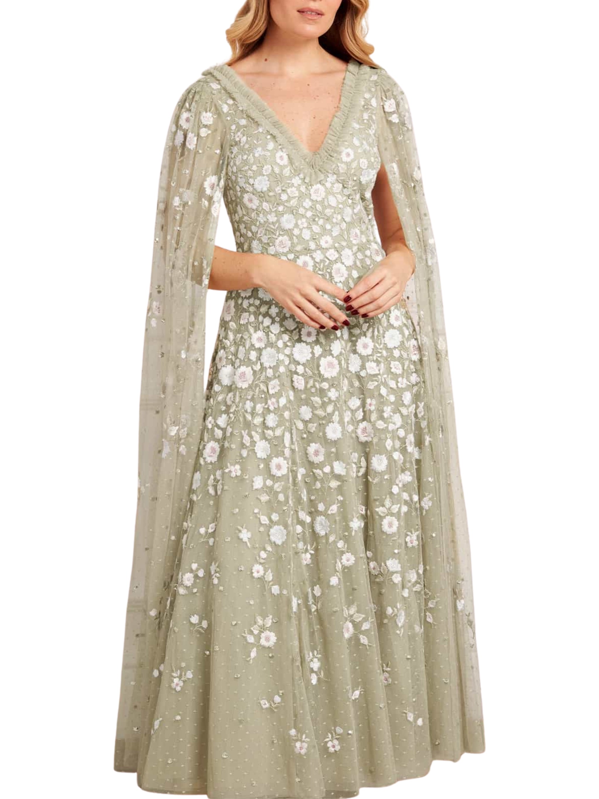 Ethereal blooms cape sleeve ankle gown