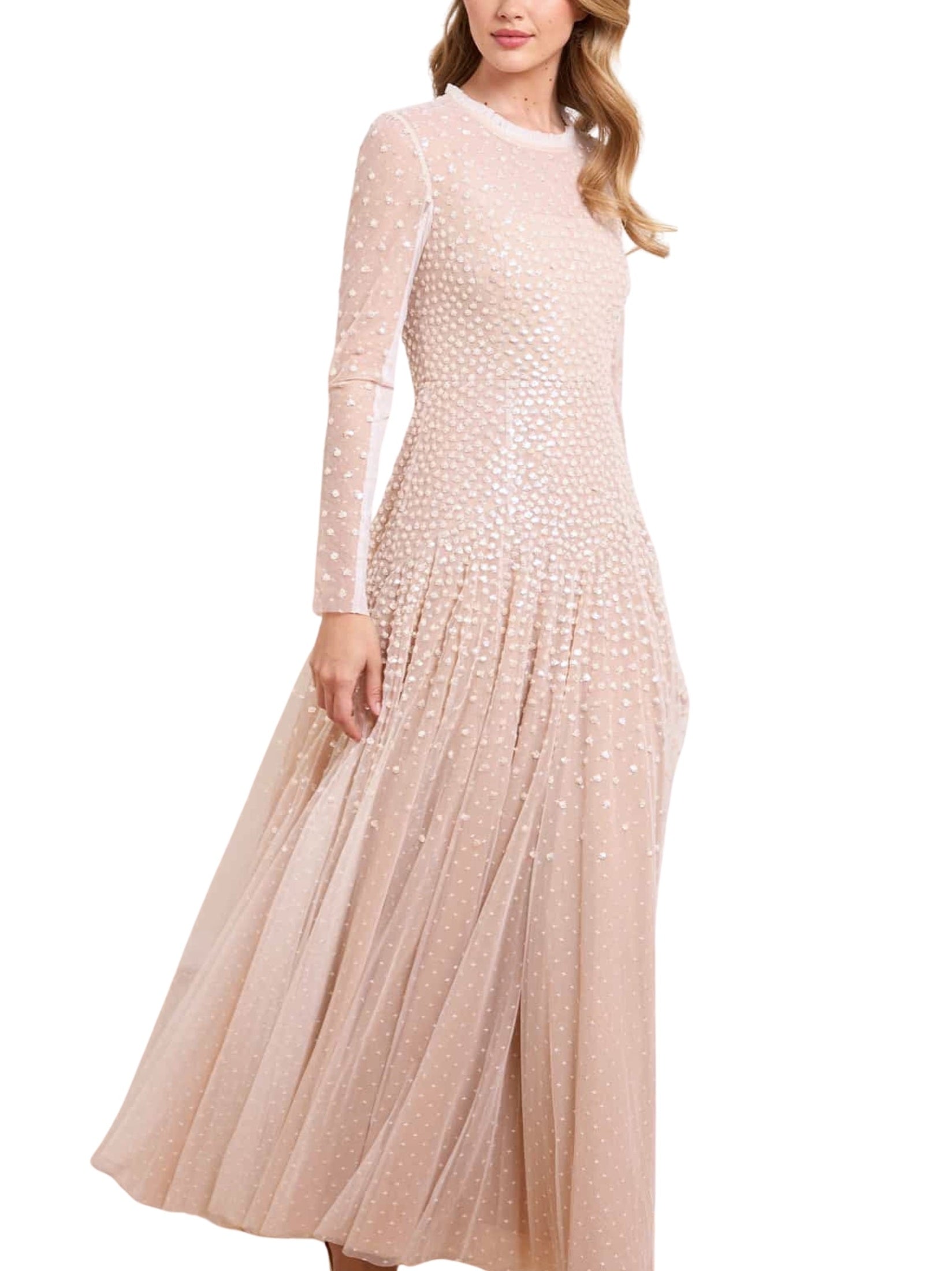 Sequin cascade round neck gown