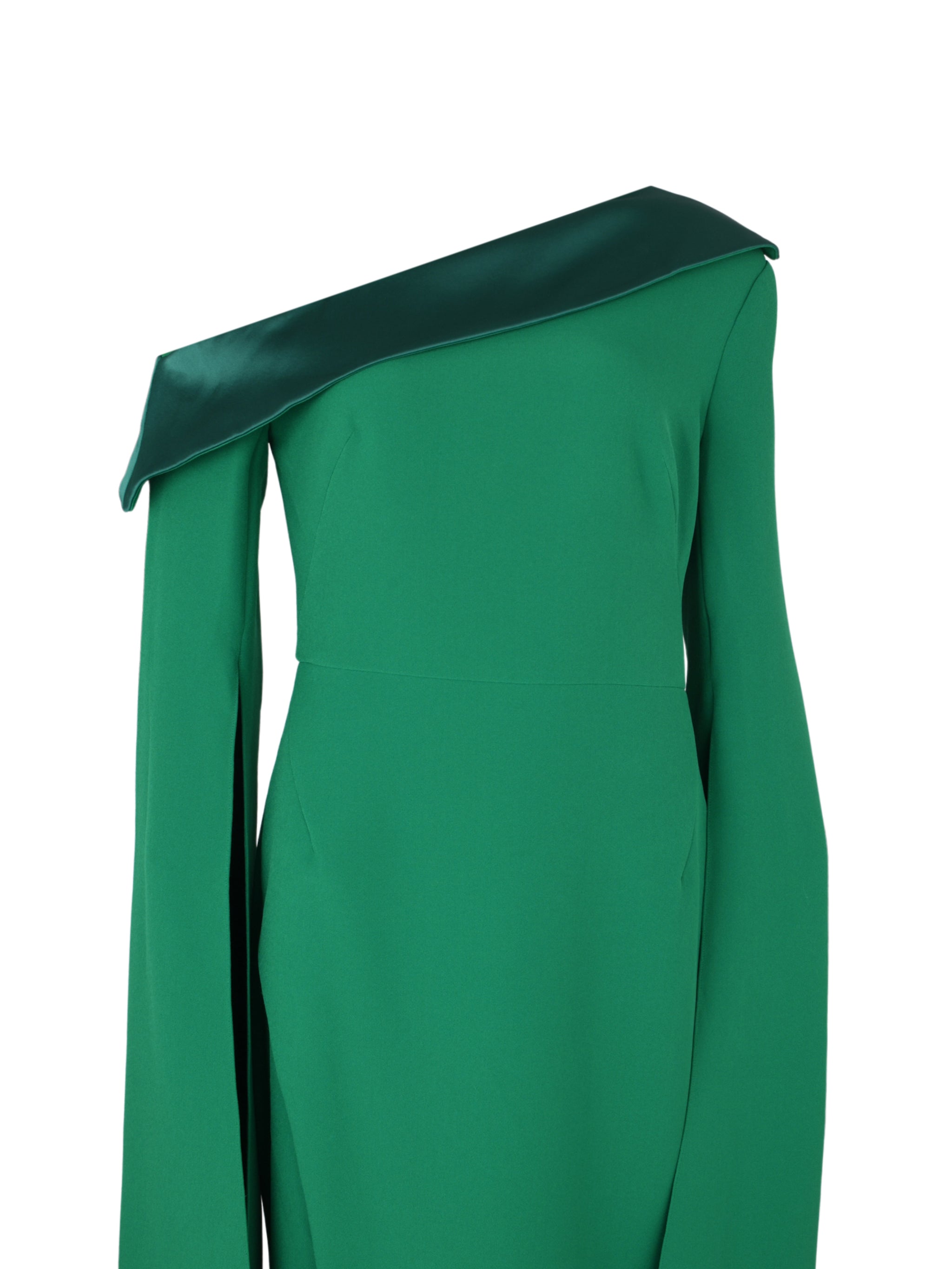 Asymmetric off-shoulder gown with caped sleeves