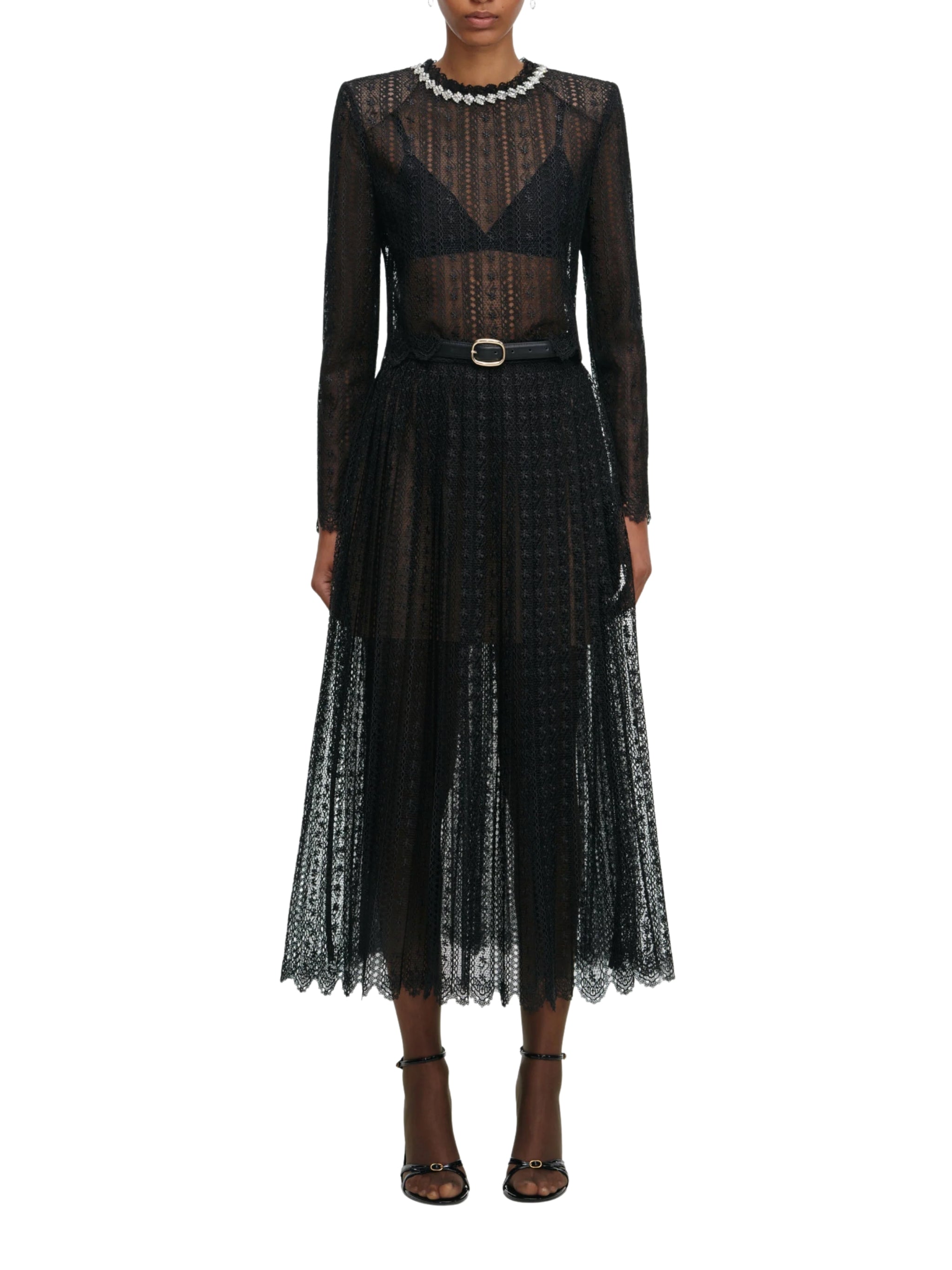 BLACK ORGANZA LACE MIDI SKIRT