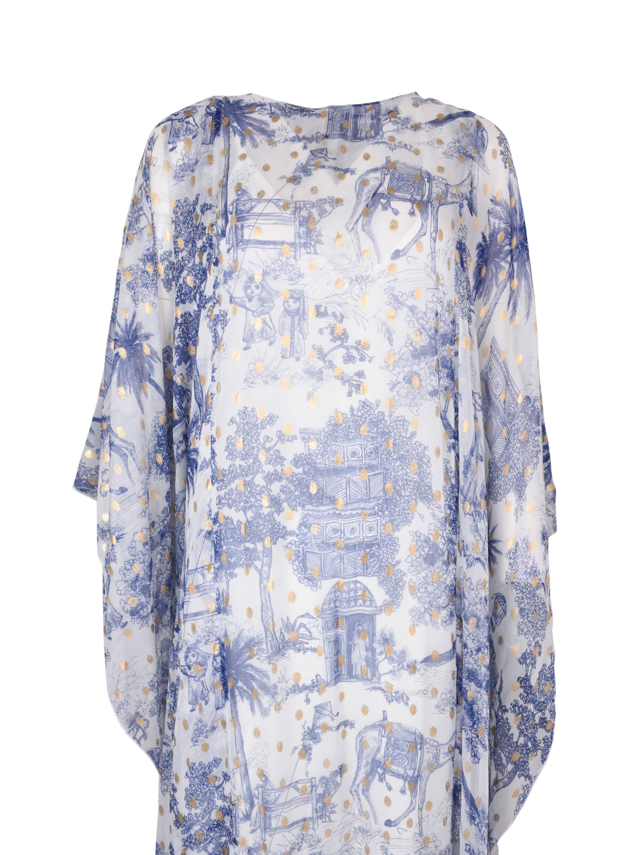Blue toile de jeddah patterned chiffon caftan
