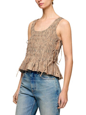 Printed stretch cotton smocked tie string top