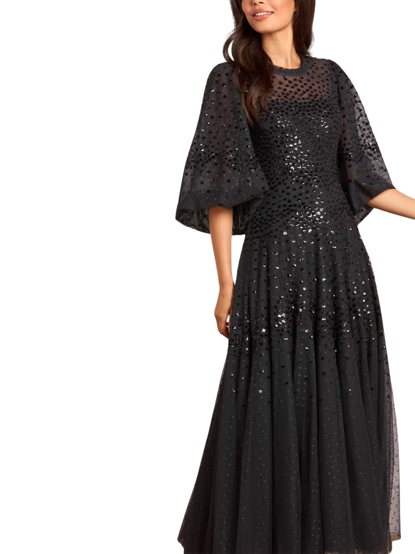 Scallop sequin round neck ankle gown
