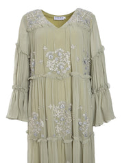 FRILL JALABIYA WITH SILVER METALLIC FLORAL PLACEMENT EMBROIDERY