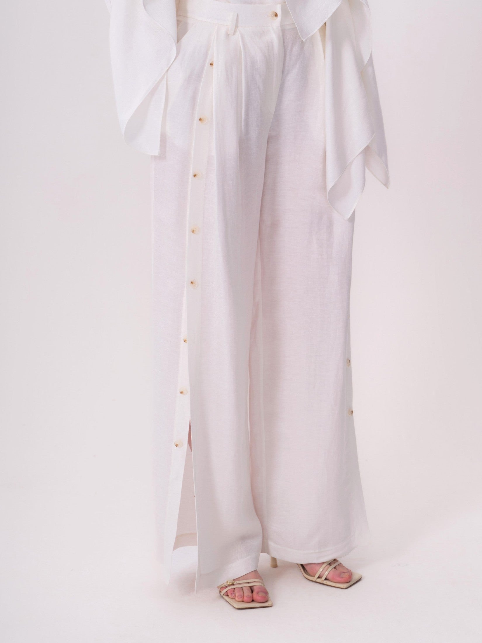 White Linen Trousers with Button Detail