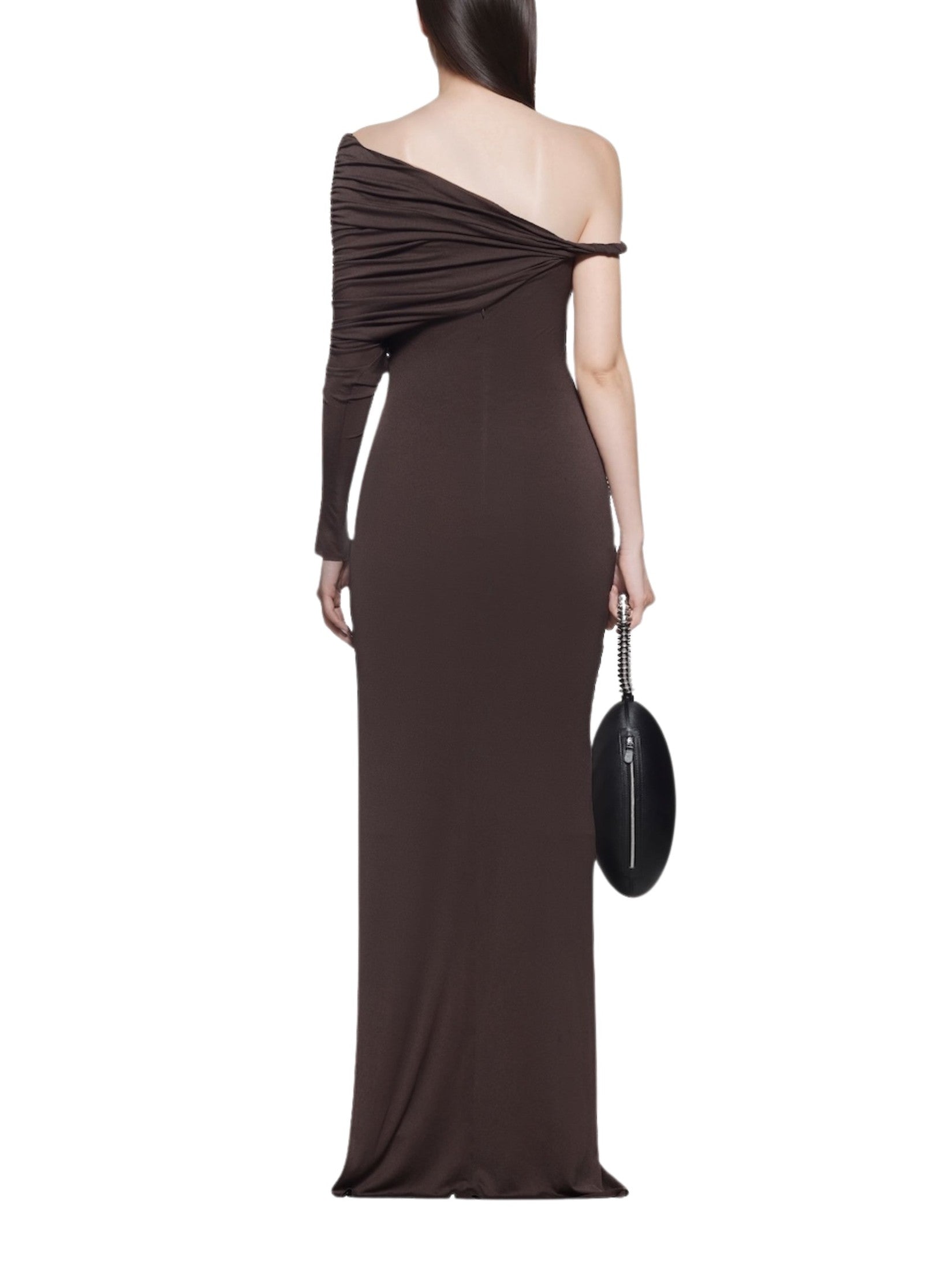 Off-shoulder dress with asymmetrical ruching and signature
