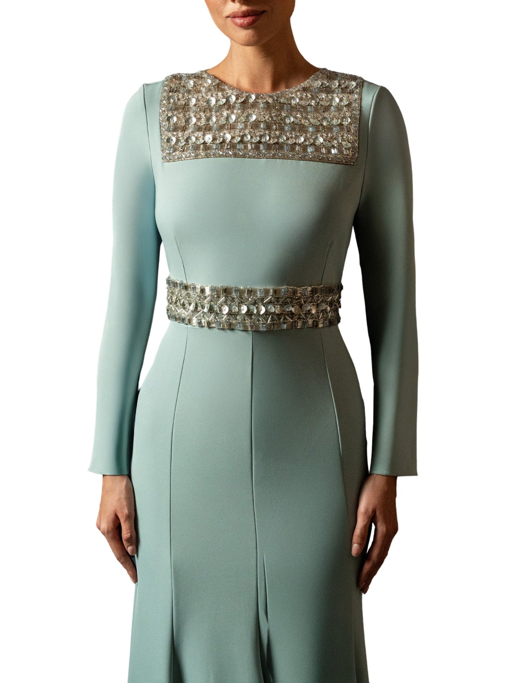 Hand embroiderd chest long sleeves off shoulder dress full cover modest dress fish cut