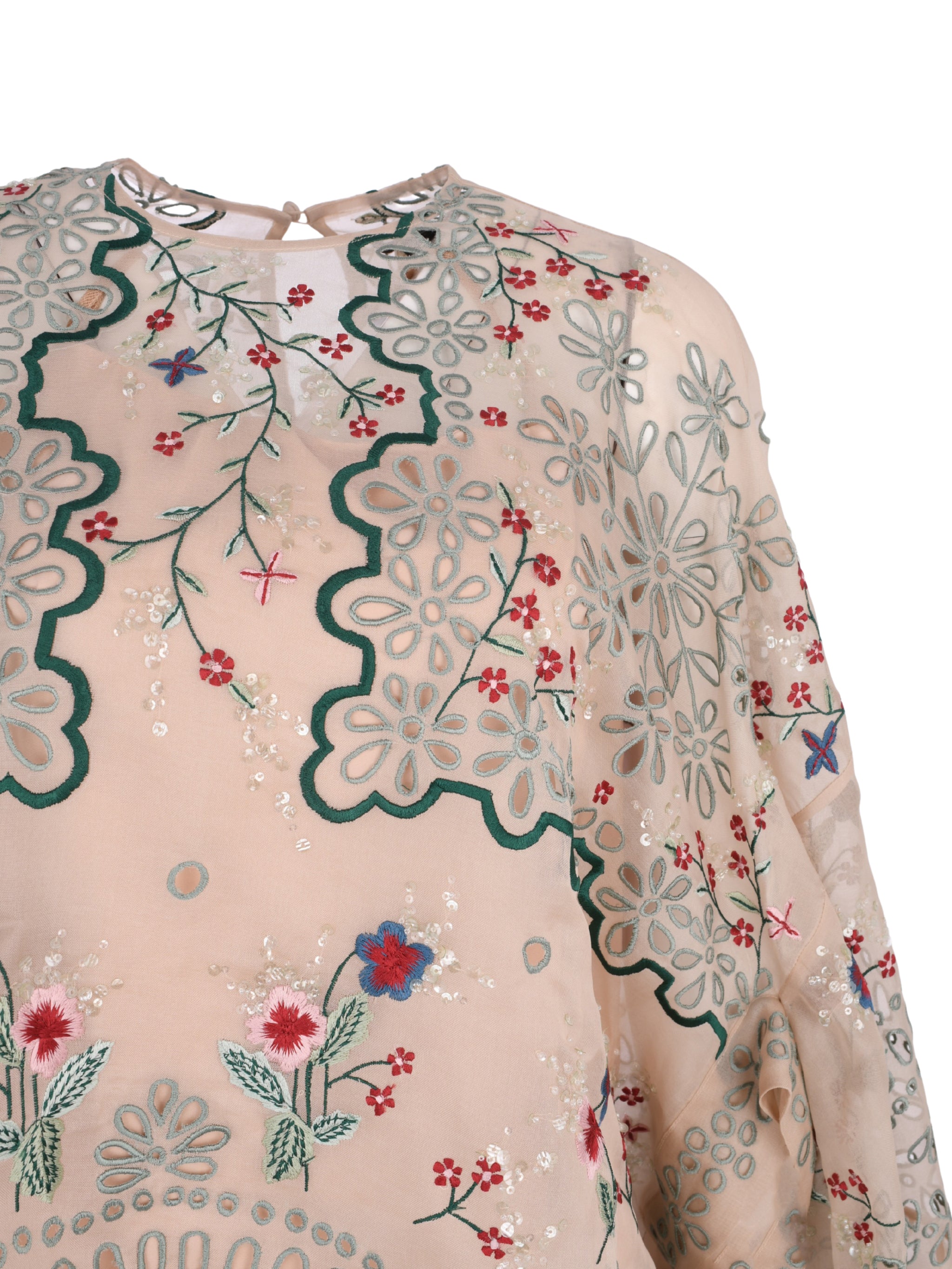 Slenda embroidered organza silk cloak blouse with back gathered peplum