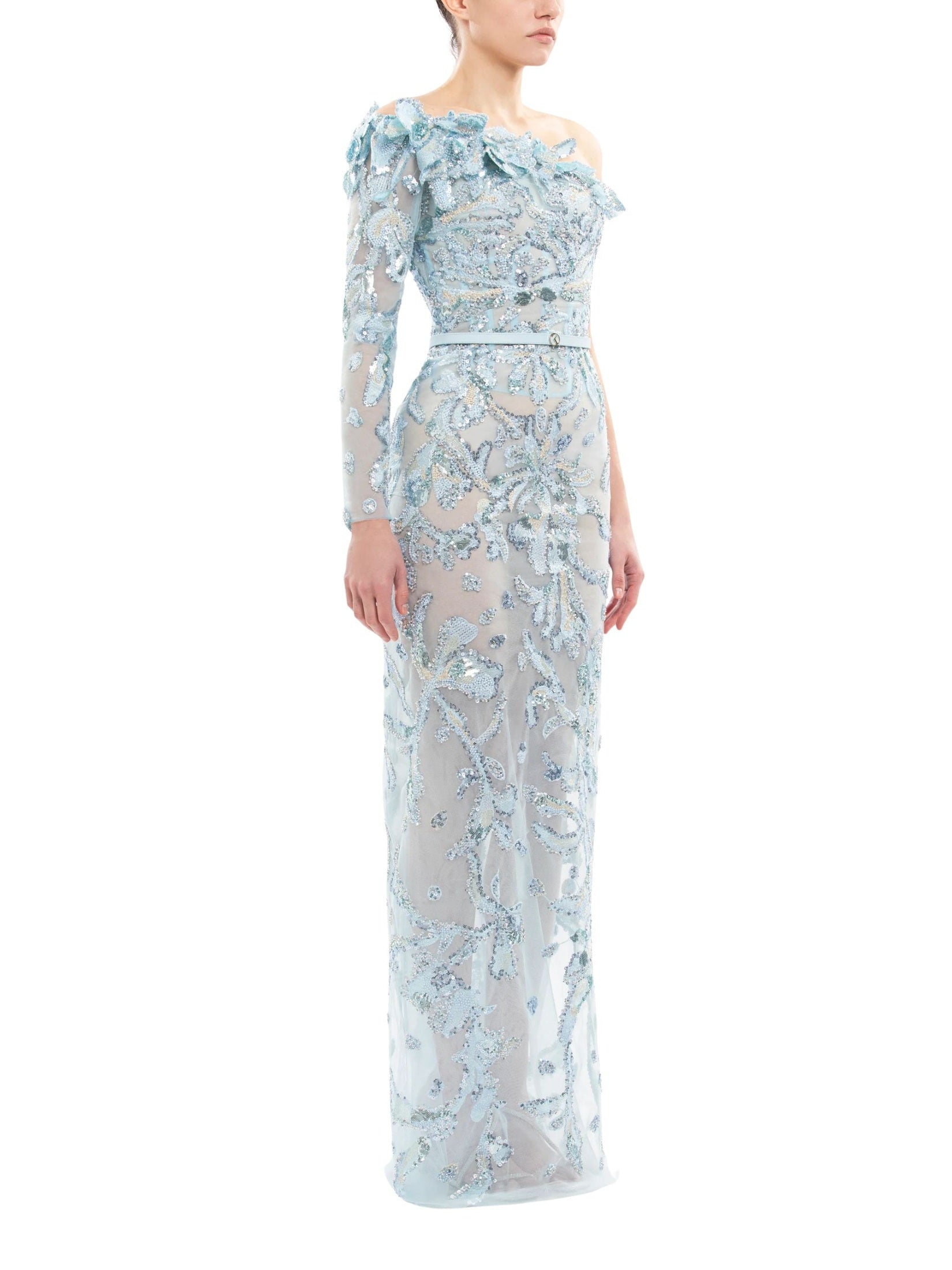 One-shoulder embroidered tulle dress
