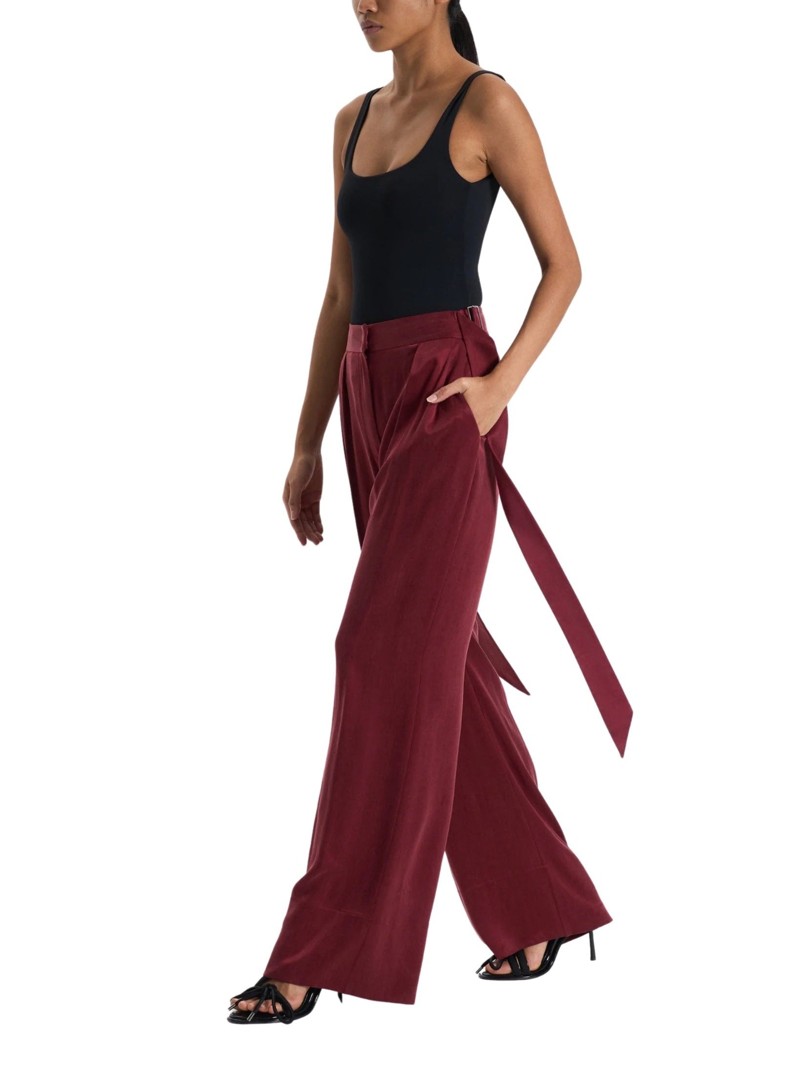 Burgundy belted palazzo trousers