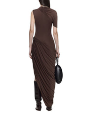 ASYMMETRICAL DRESS WITH RUCHING FLAP AND SIGNATURE