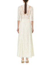 JUNIA COTTON-BLEND CORDED LACE GODET GOWN WITH ILLUSION NECKLINE