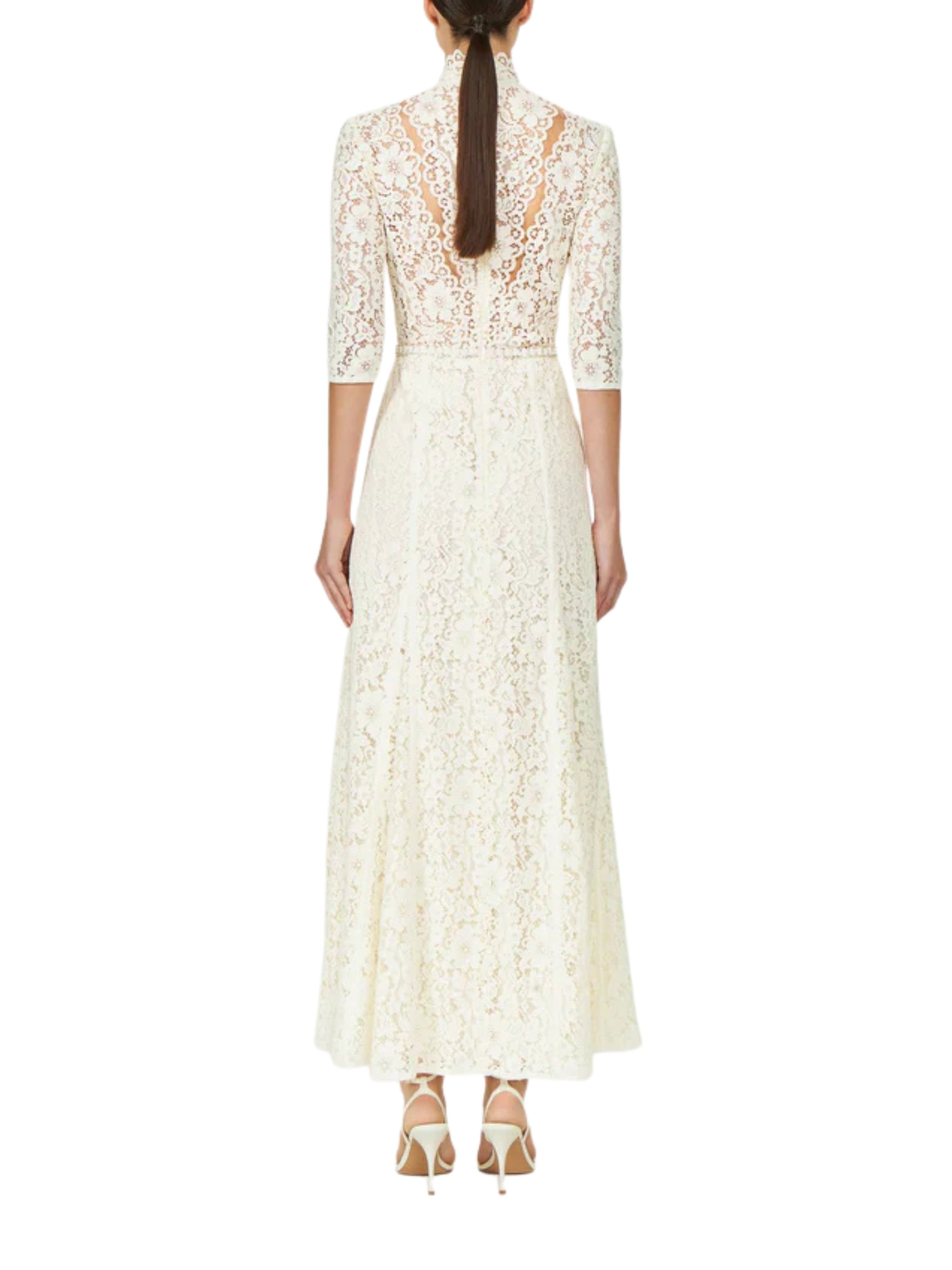 JUNIA COTTON-BLEND CORDED LACE GODET GOWN WITH ILLUSION NECKLINE