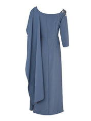 Blue Hand-Embroidered Asymmetric Cape Modest Dress