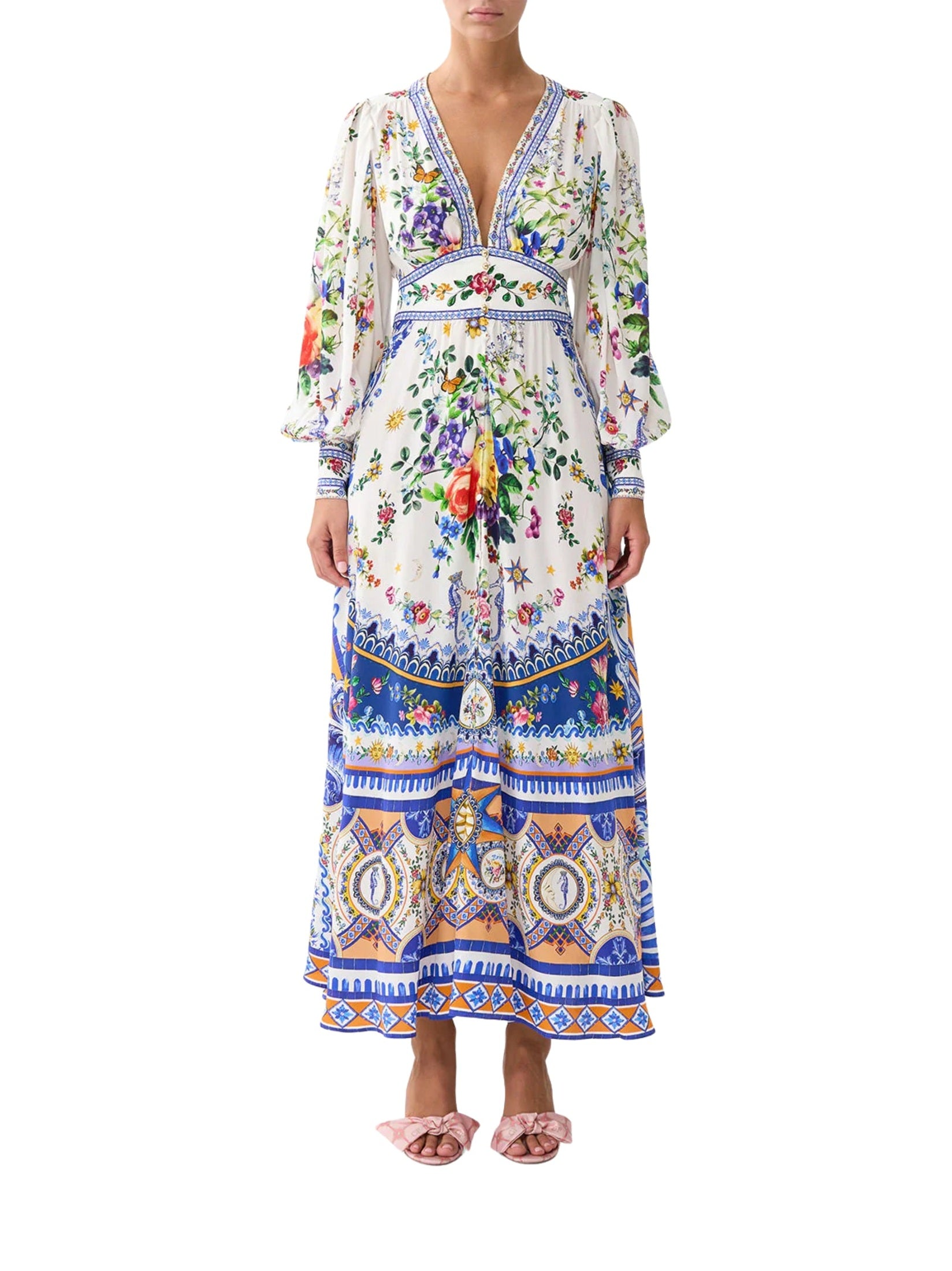 Shaped waistband dress with gathered sleeves
