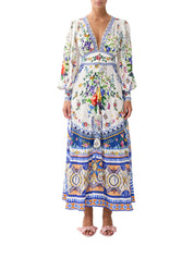 SHAPED WAISTBAND DRESS WITH GATHERED SLEEVES