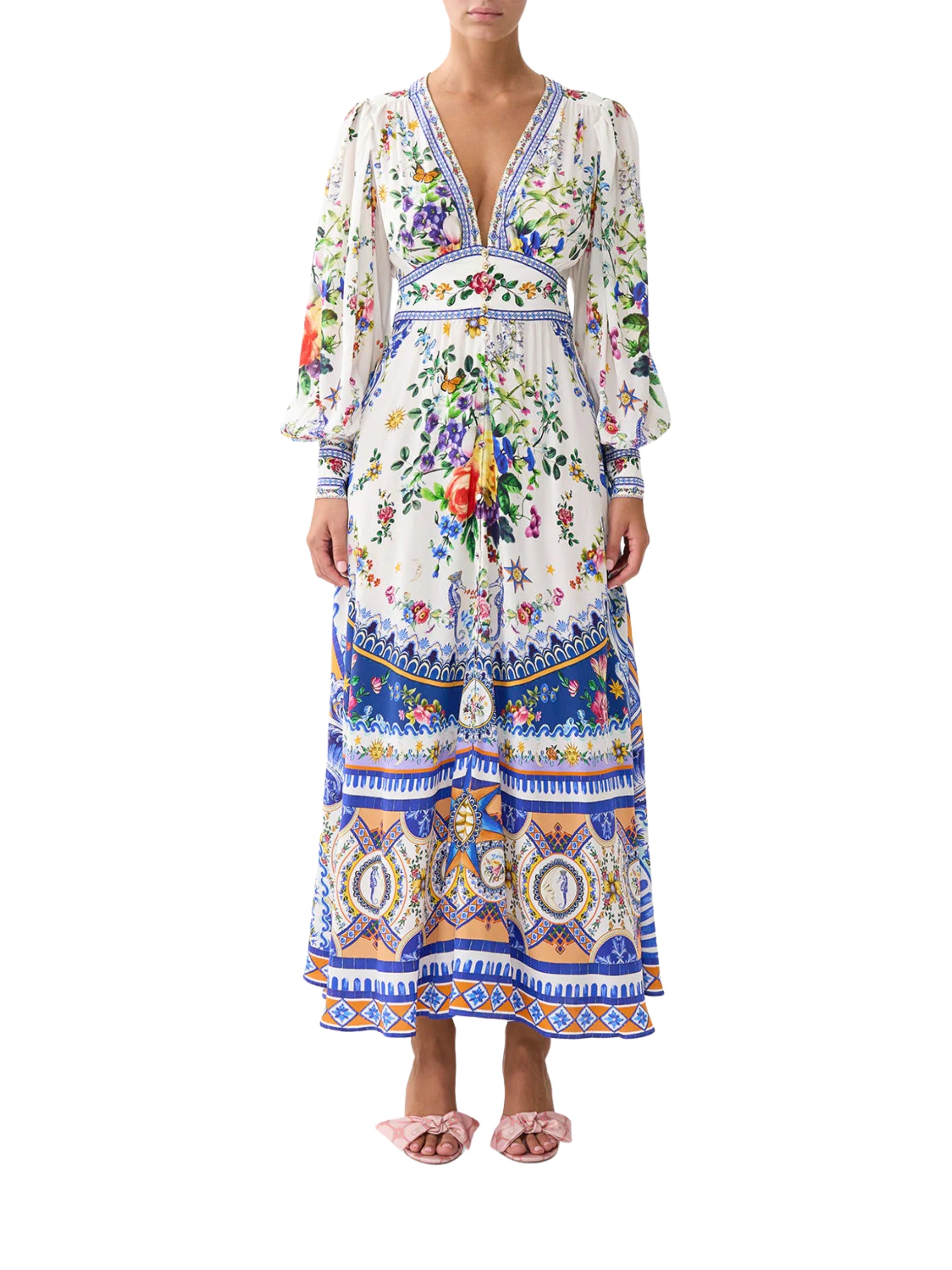 SHAPED WAISTBAND DRESS WITH GATHERED SLEEVES